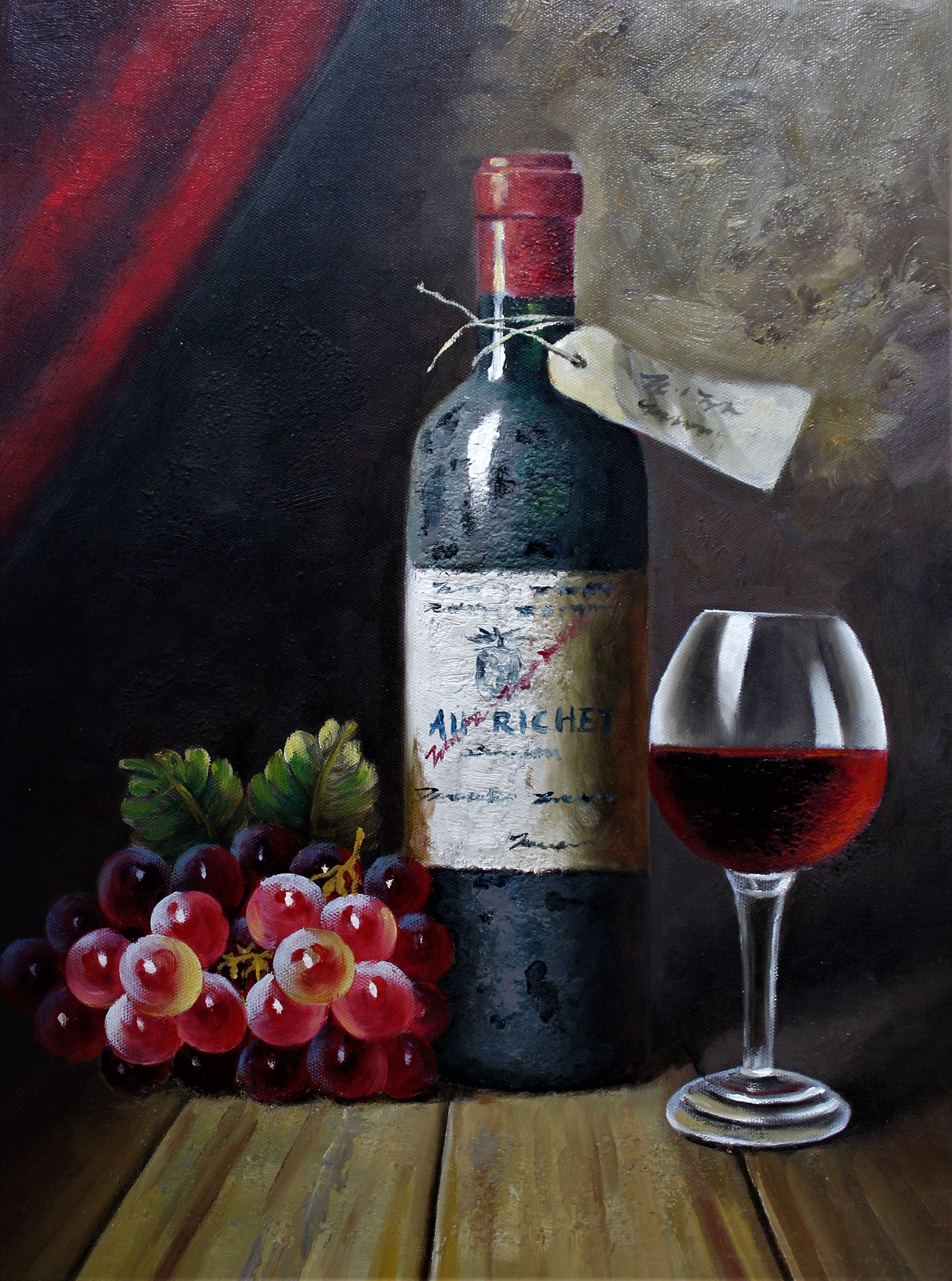 Nature morte au vin rouge et aux raisins rouges
