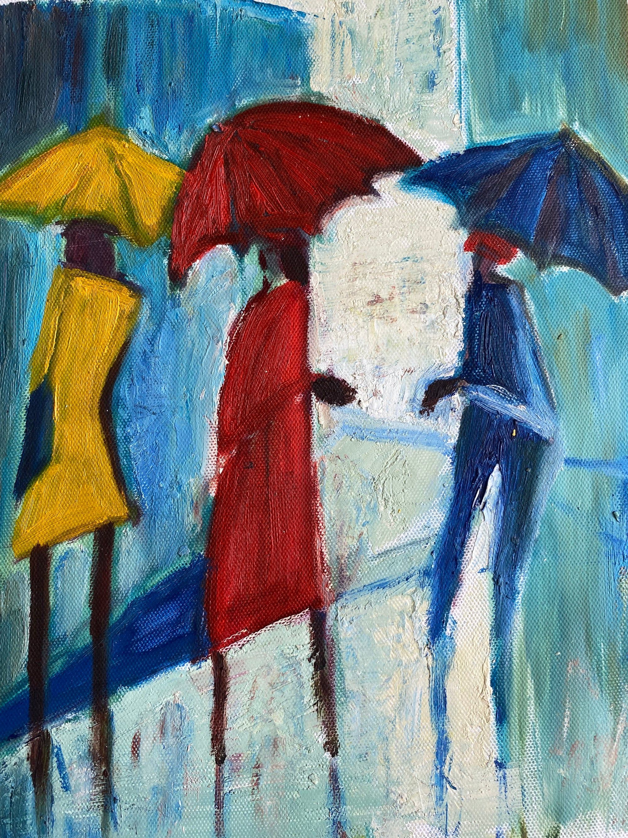 Trois personnages avec des parapluies