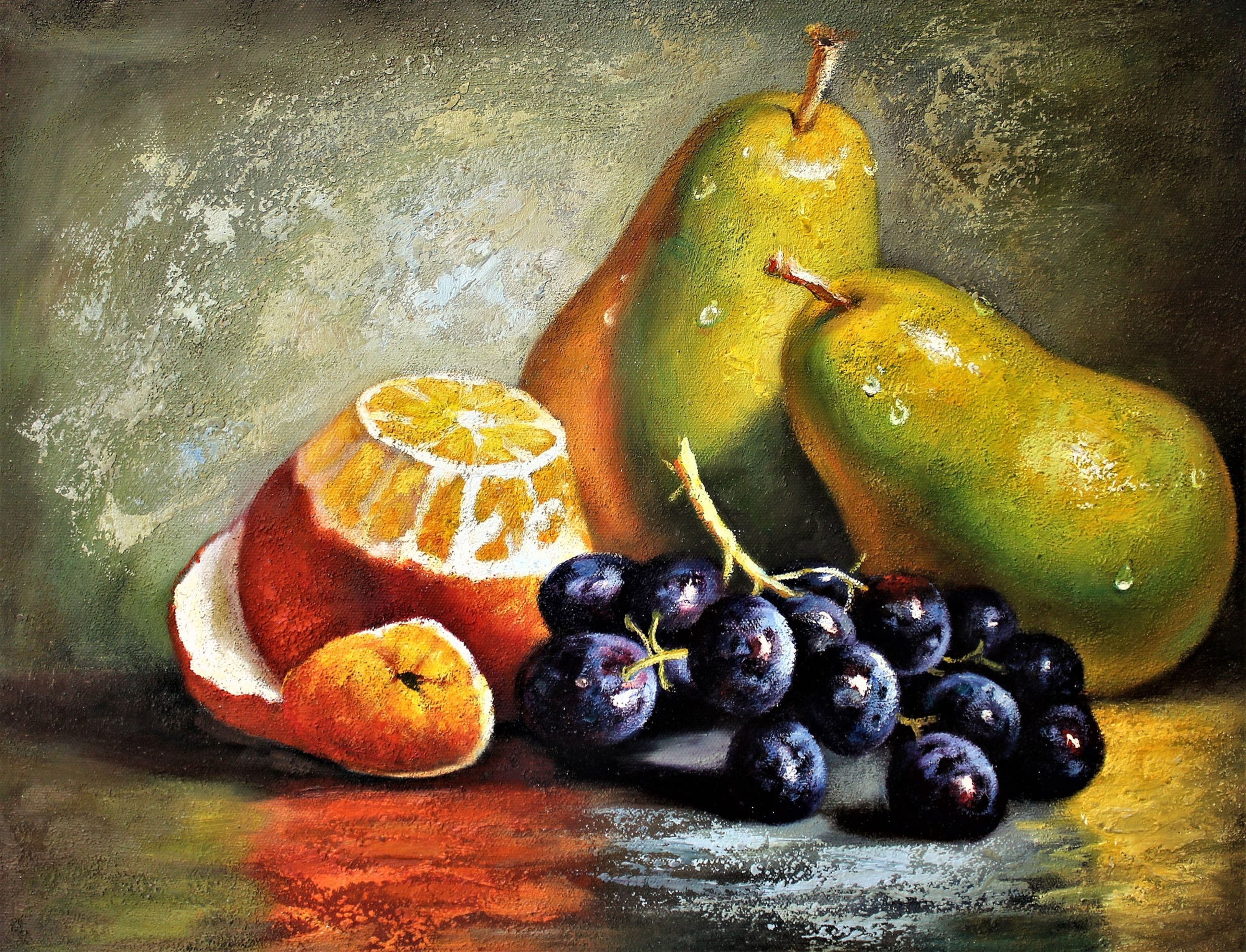 Nature morte de poires, de raisins et d'une orange