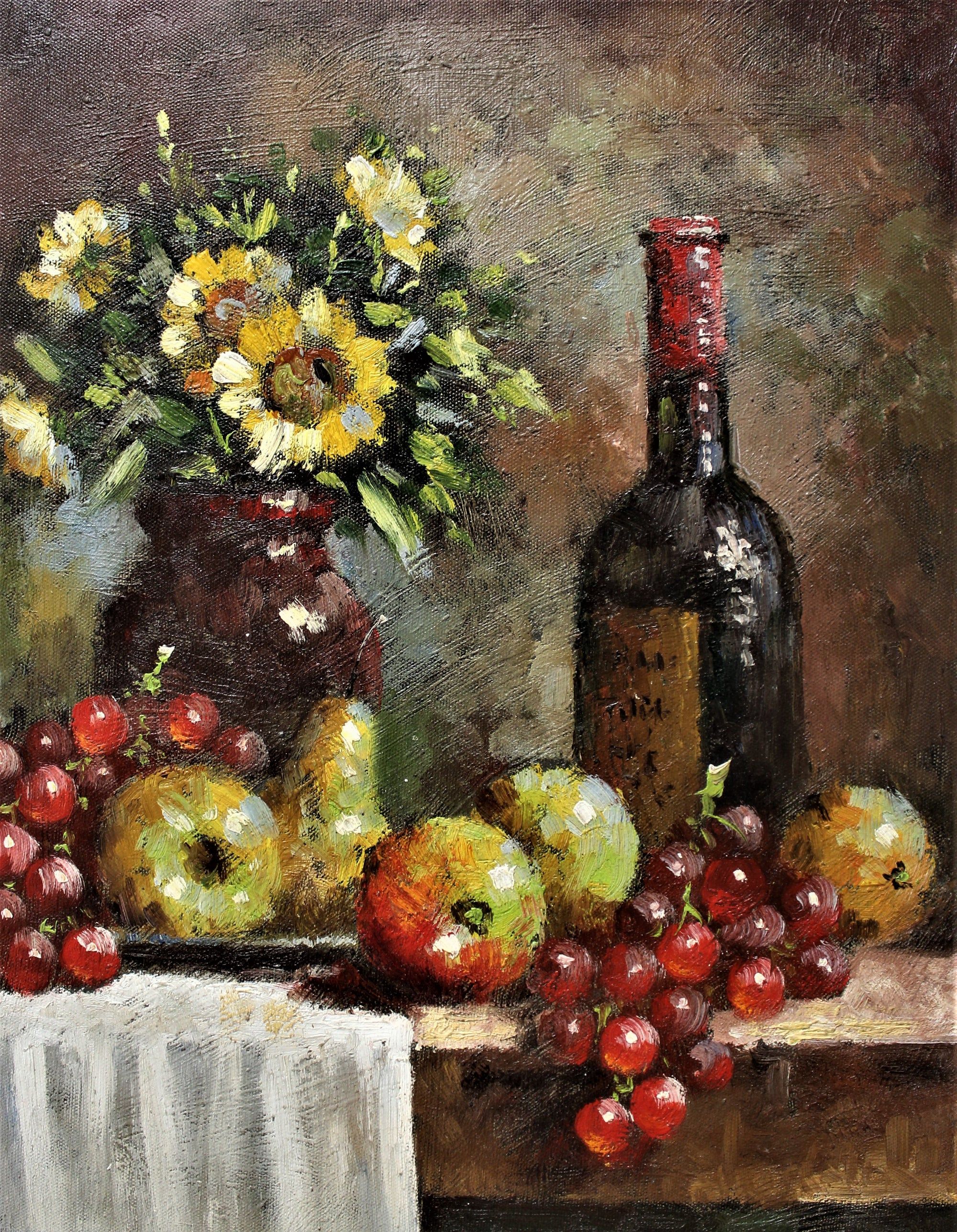 Nature morte d'une bouteille, de fleurs et de fruits