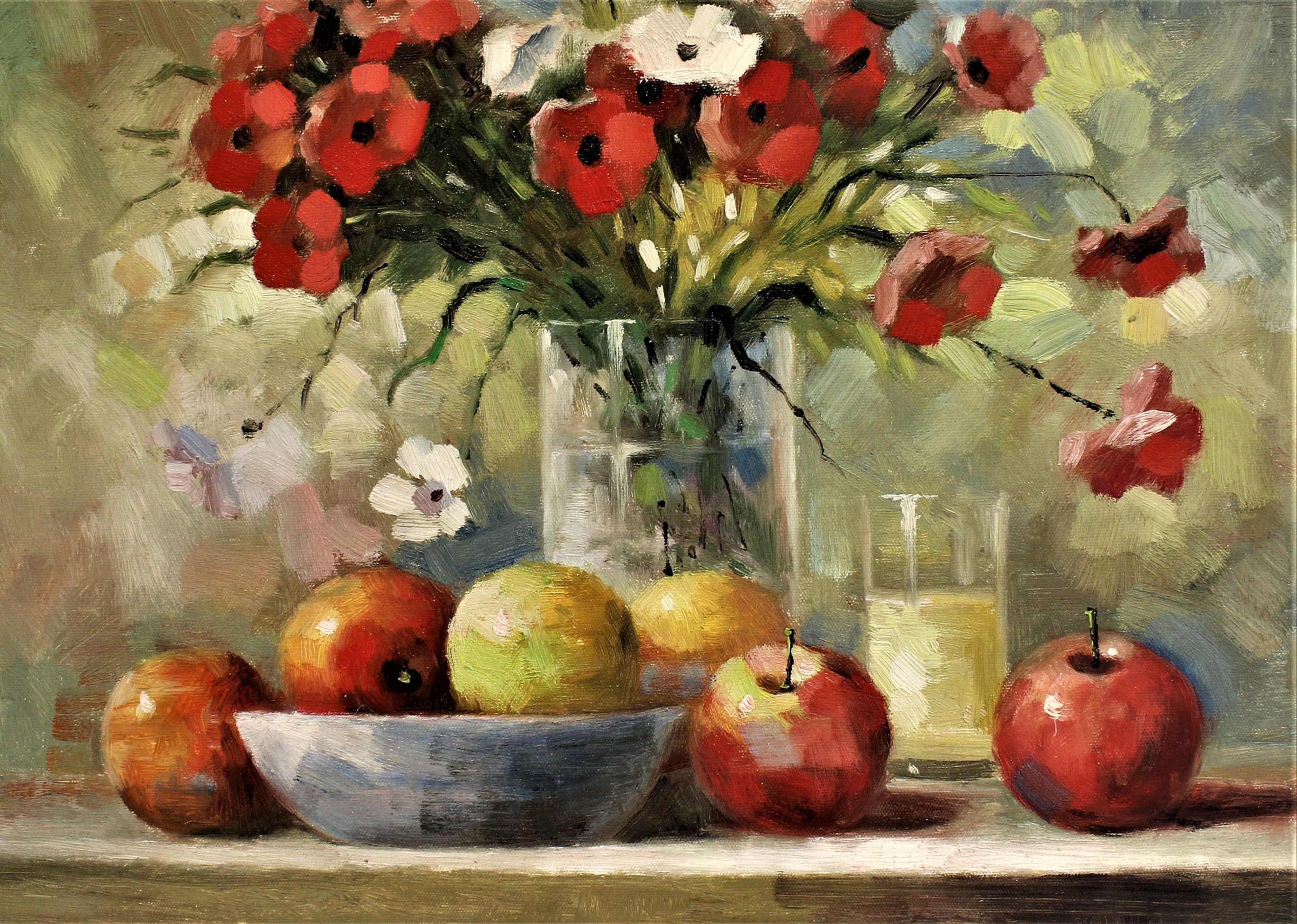Nature morte de pommes et d'un bouquet