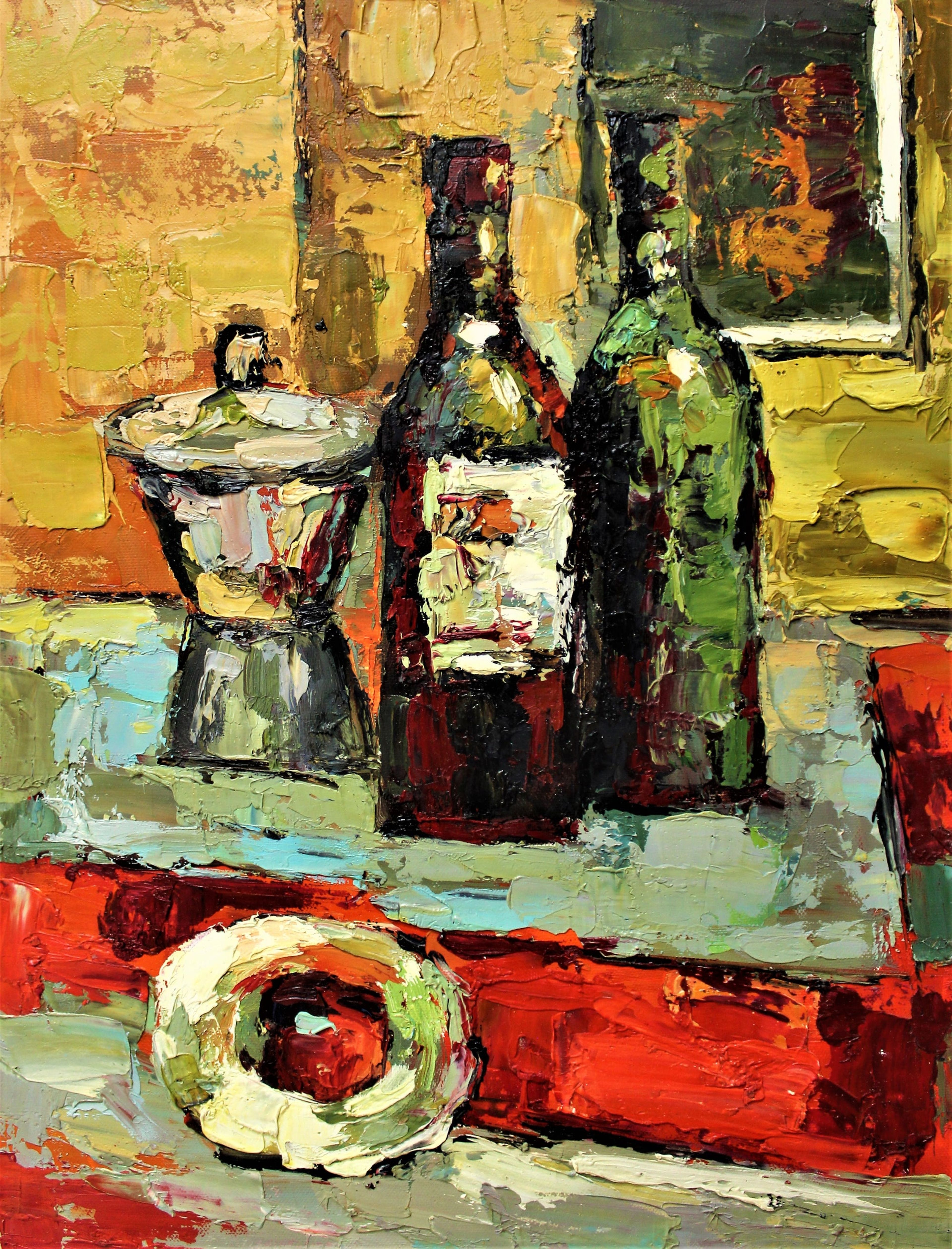Nature morte expressive de vin et d'un récipient en métal