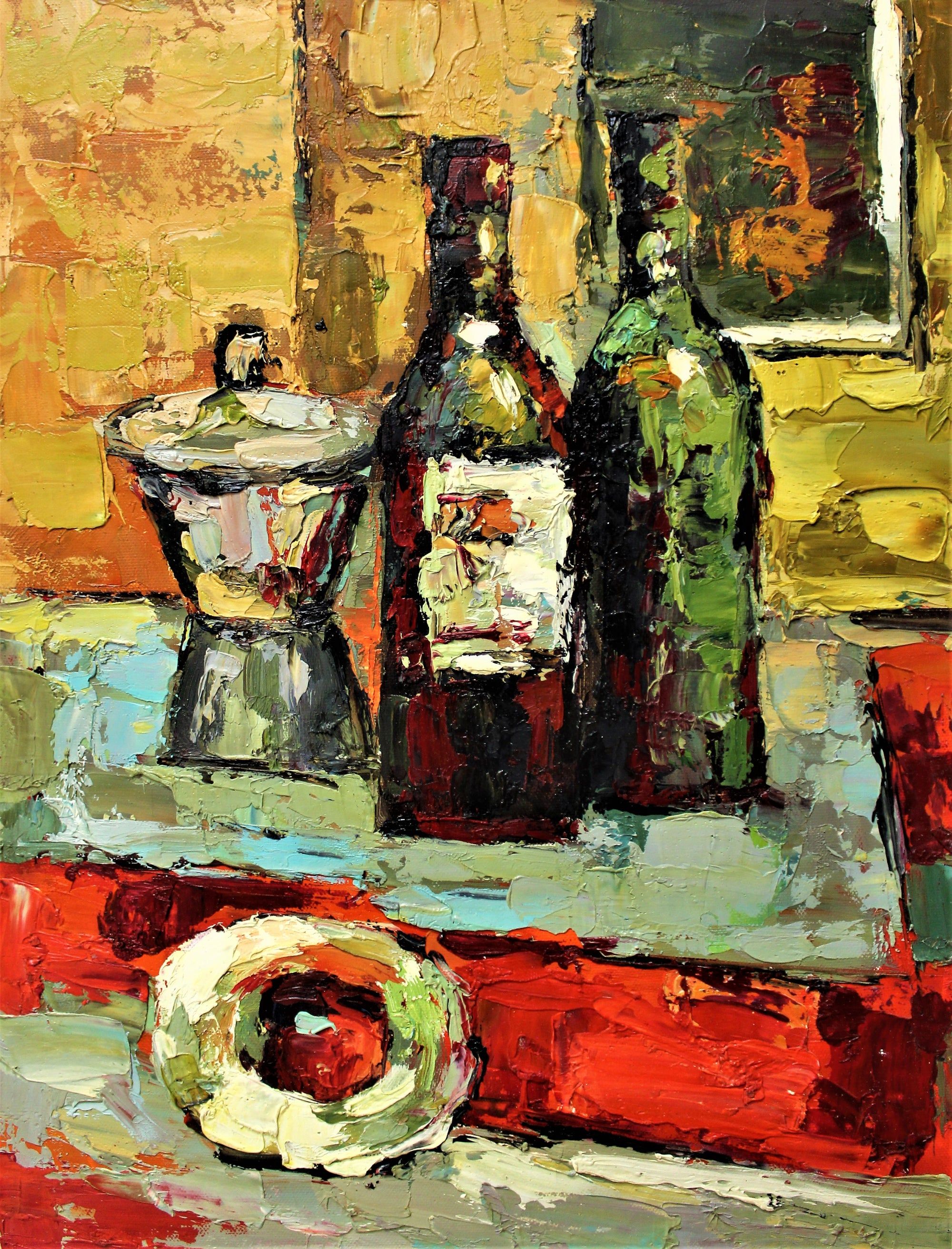 Nature morte expressive de vin et d'un récipient en métal