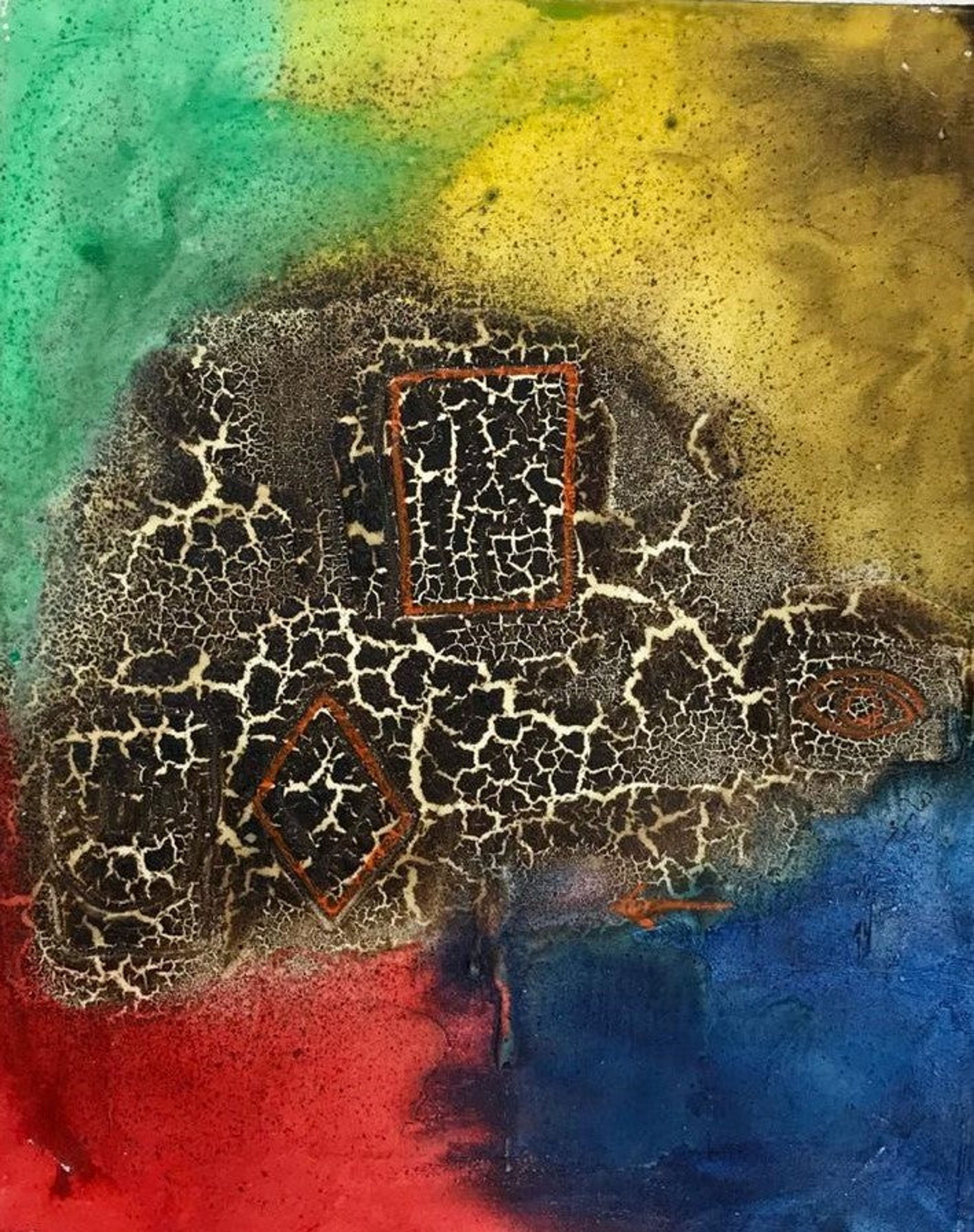 Peinture abstraite verte, jaune, rouge et bleue
