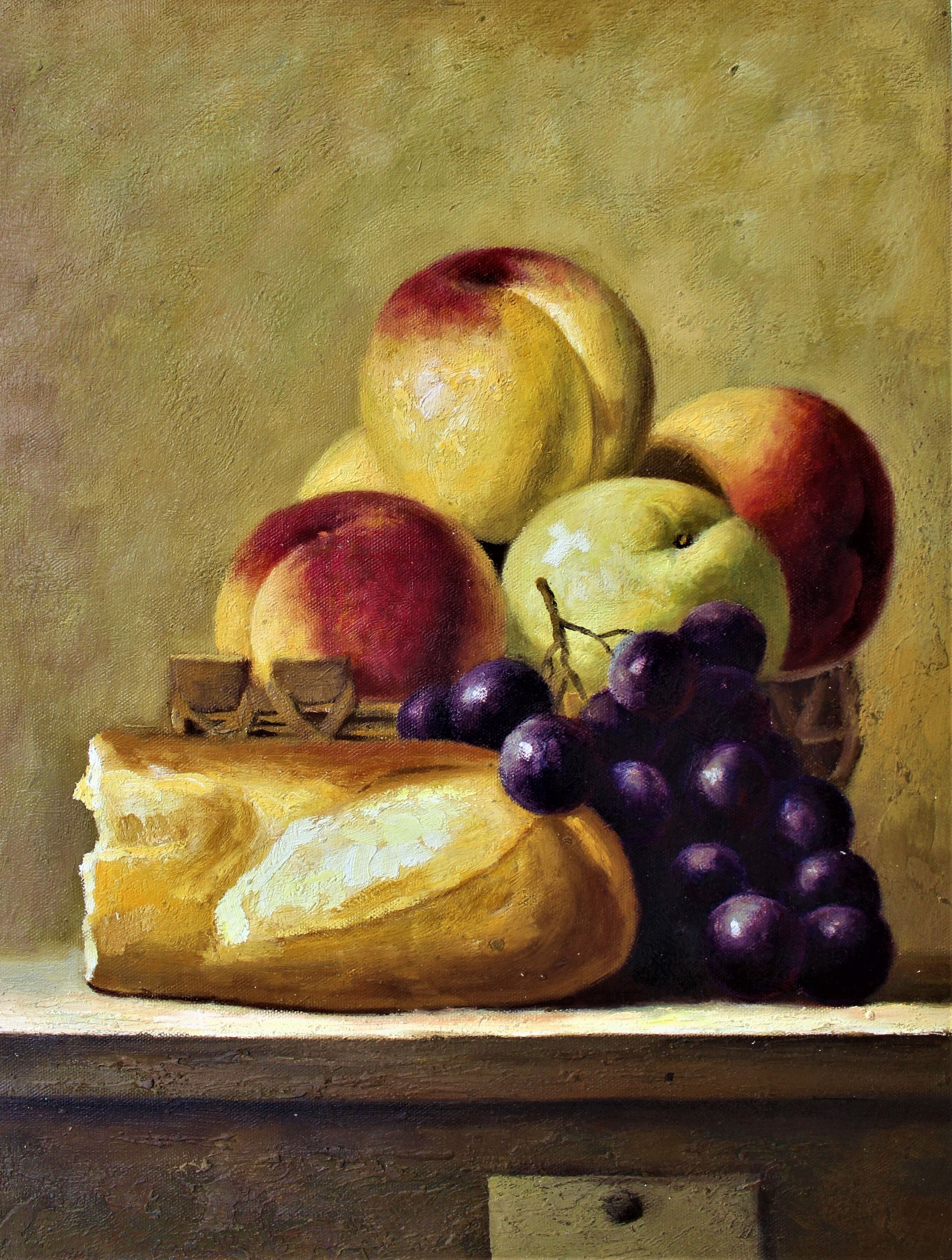 Nature morte de pommes, pêches, raisins et pain