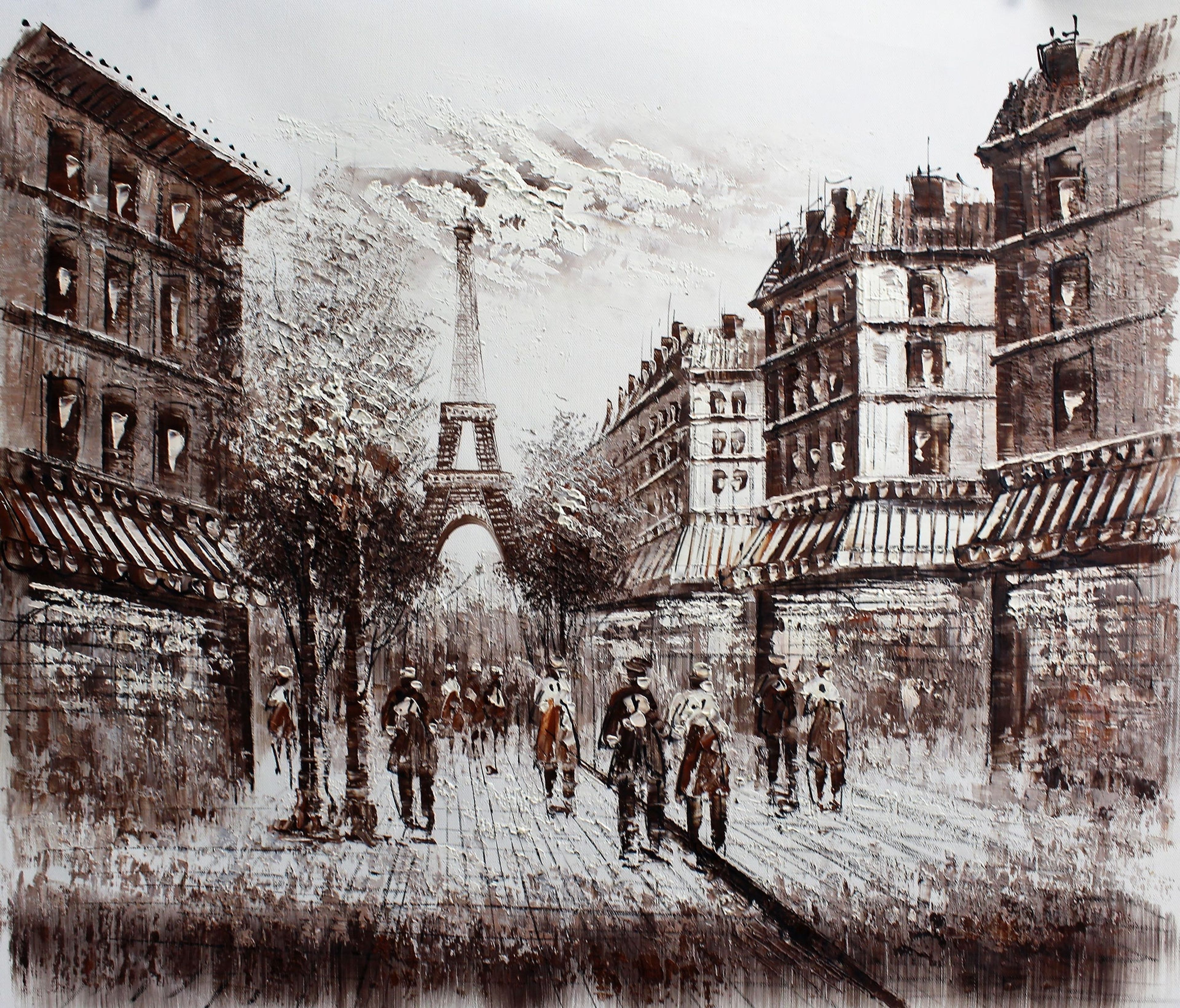 Personnages marchant sur une route en direction de la tour Eiffel