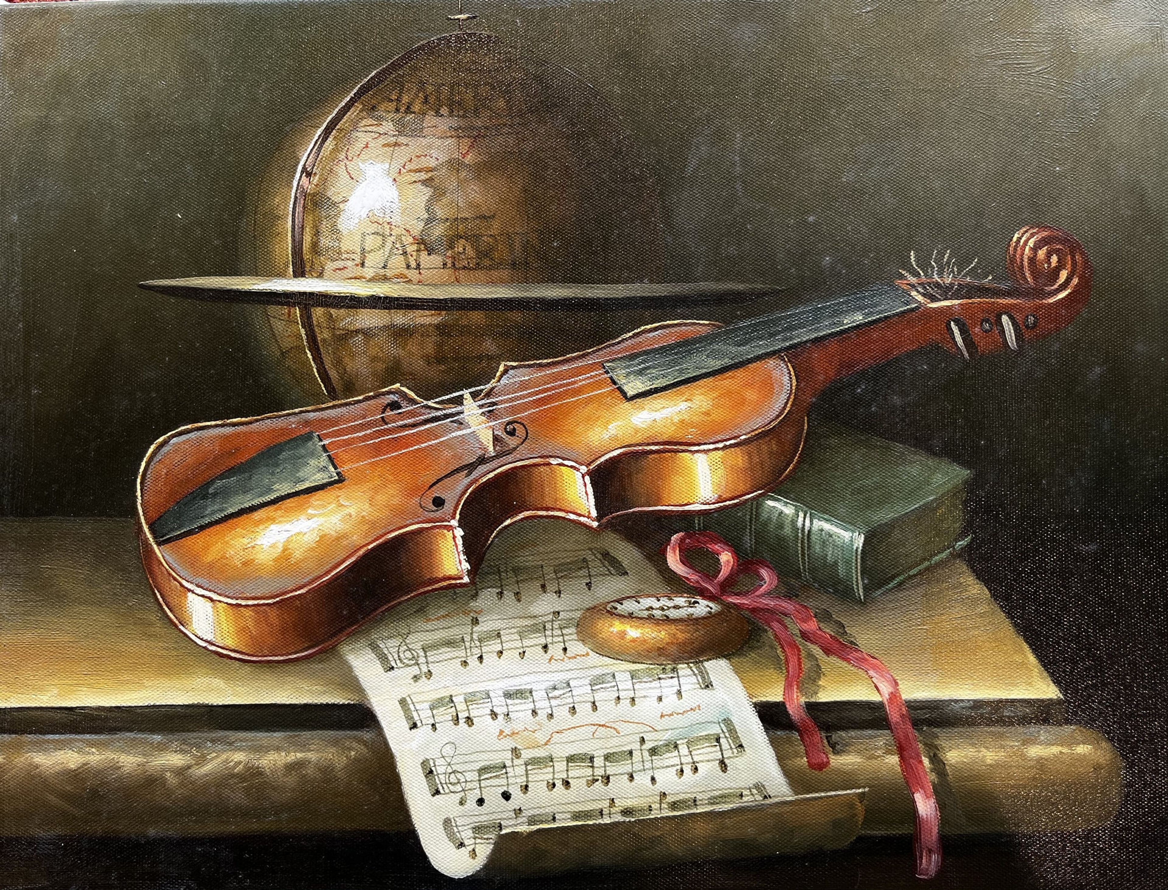 Nature morte d'un violon, d'une partition, d'une horloge et d'un globe