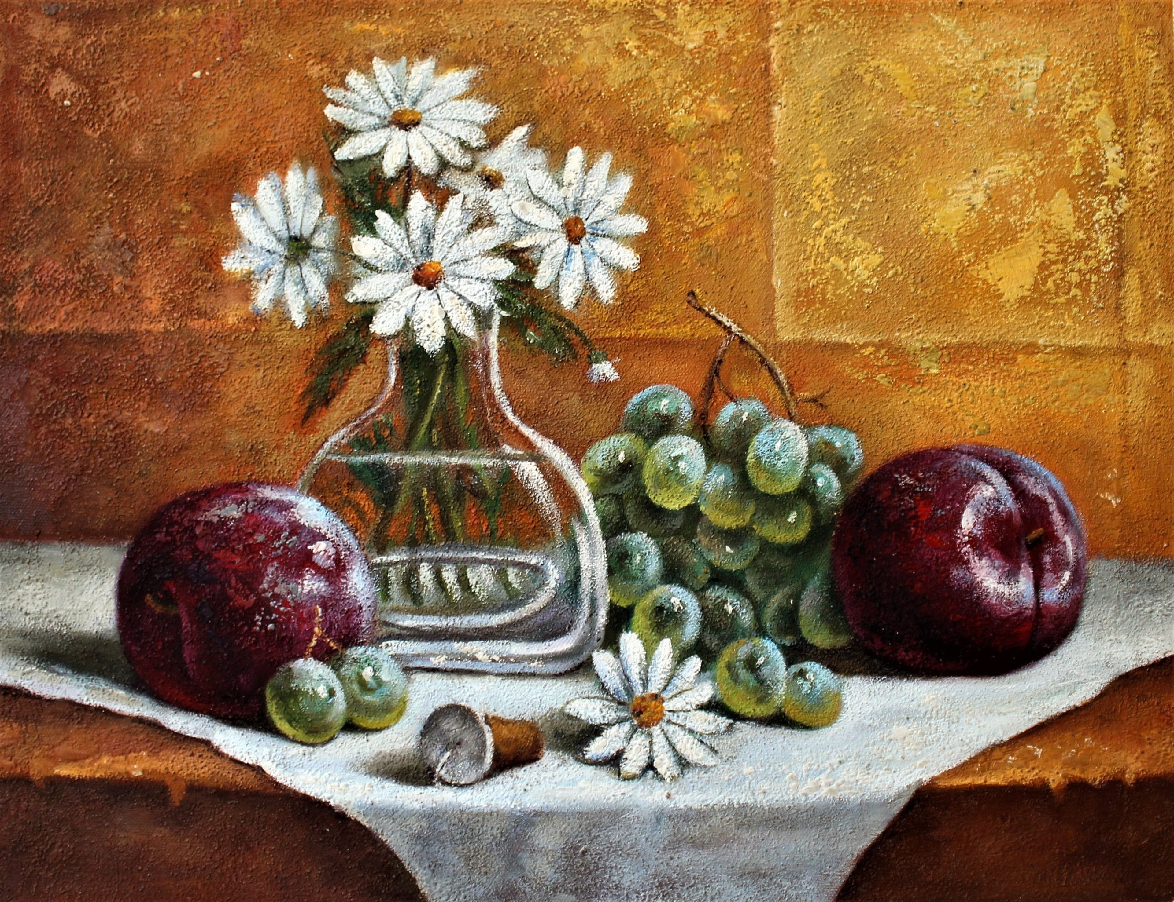 Nature morte de raisins, de pommes et de marguerites