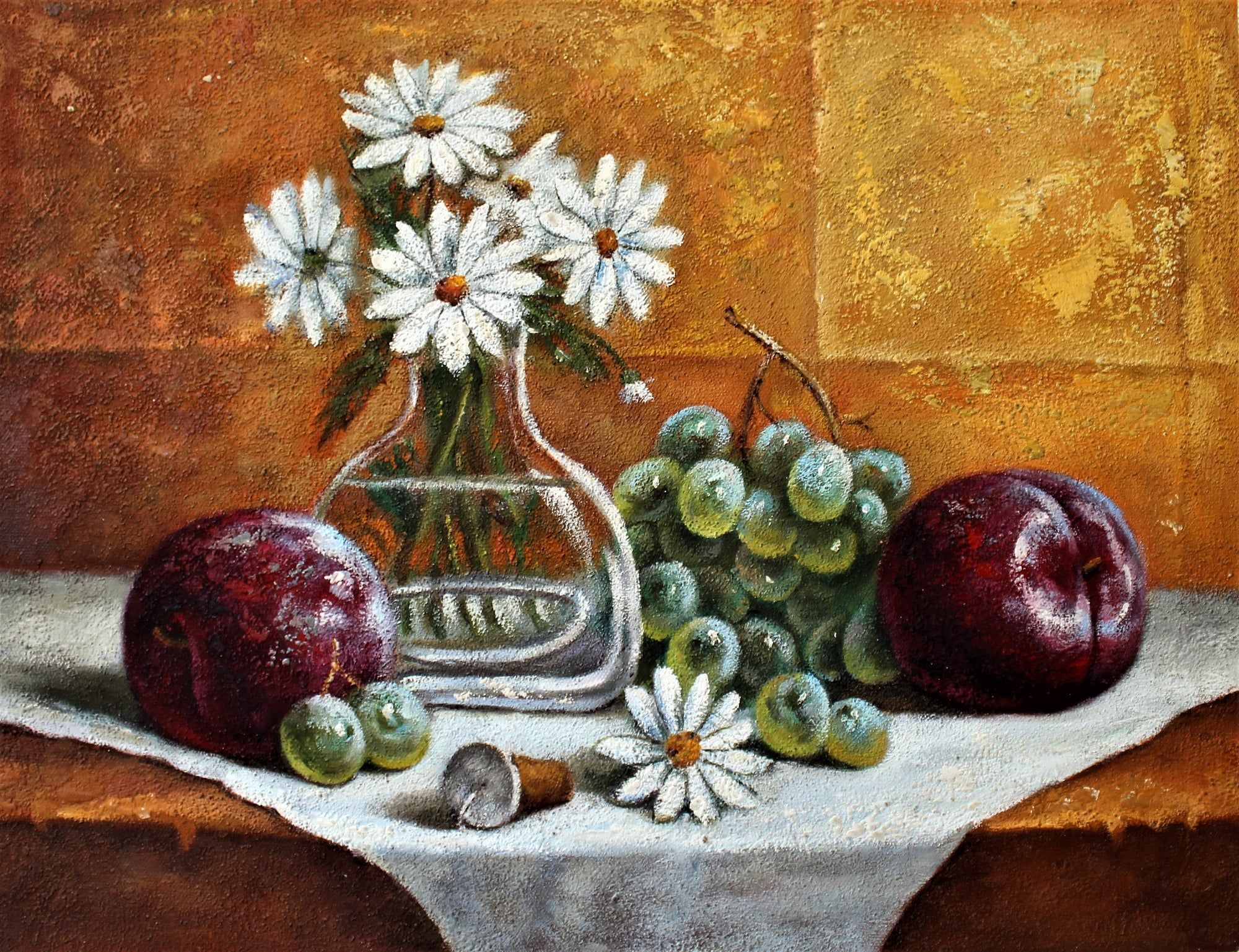 Nature morte de raisins, de pommes et de marguerites