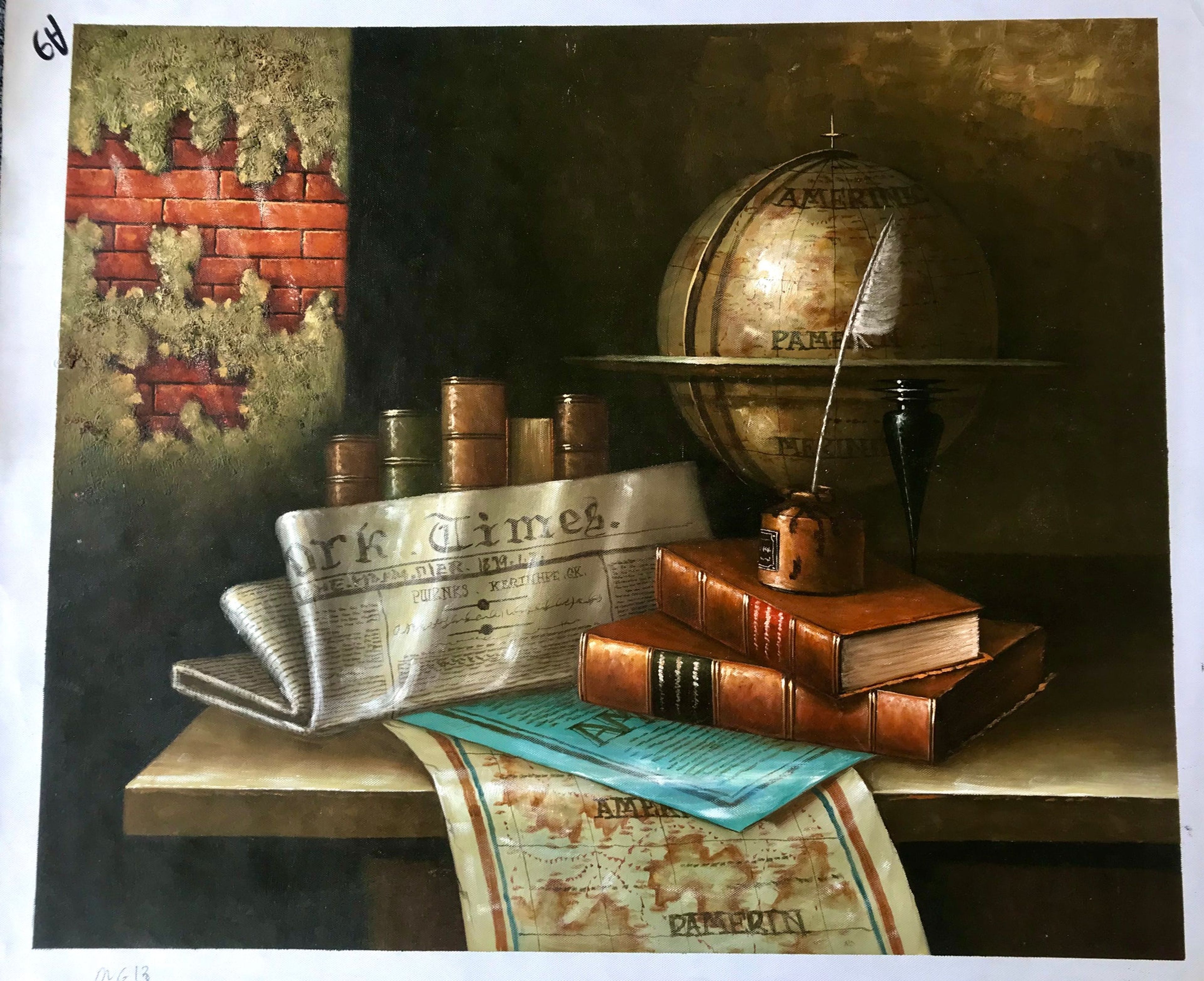 Nature morte de livres, de journaux, de cartes et d'un globe
