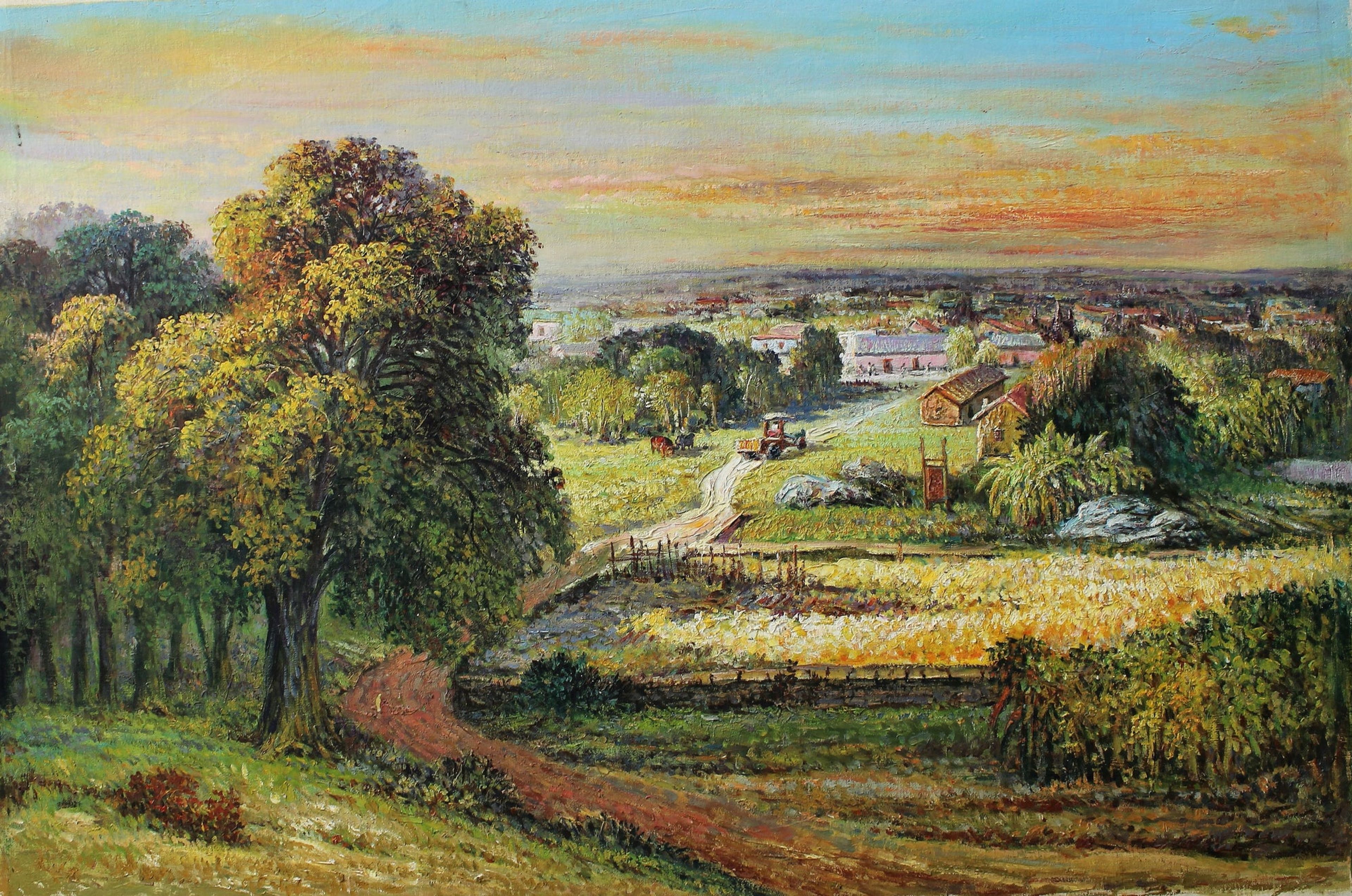 Scène de ferme avec des cultures et un tracteur
