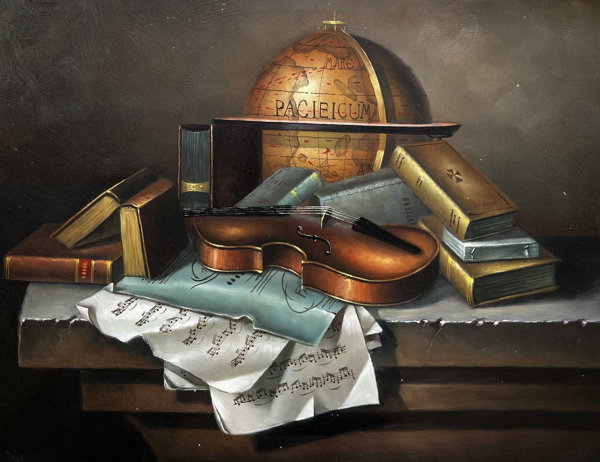 Nature morte d'un globe, d'un violon, d'une partition et de livres