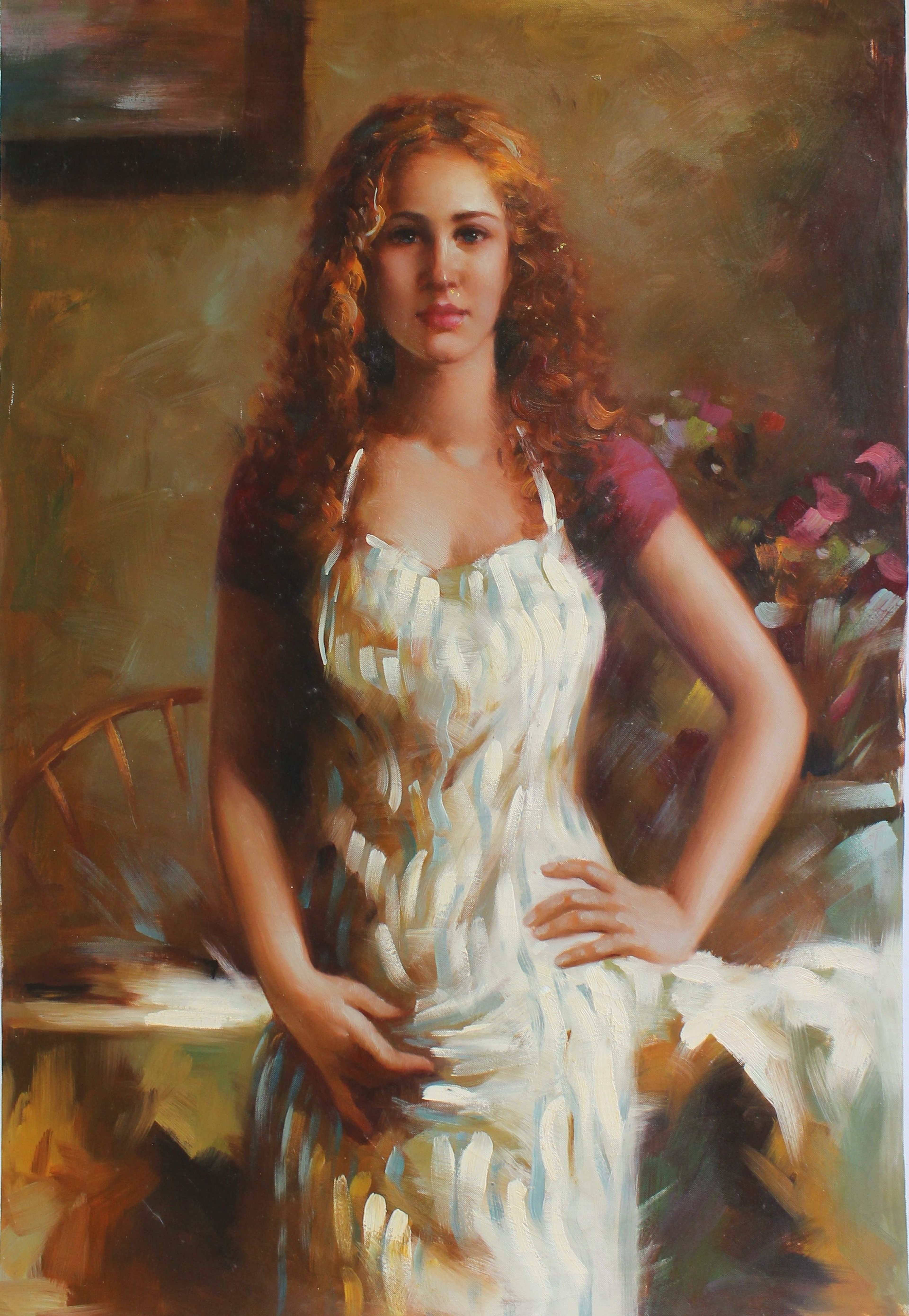 Femme aux cheveux roux en tablier