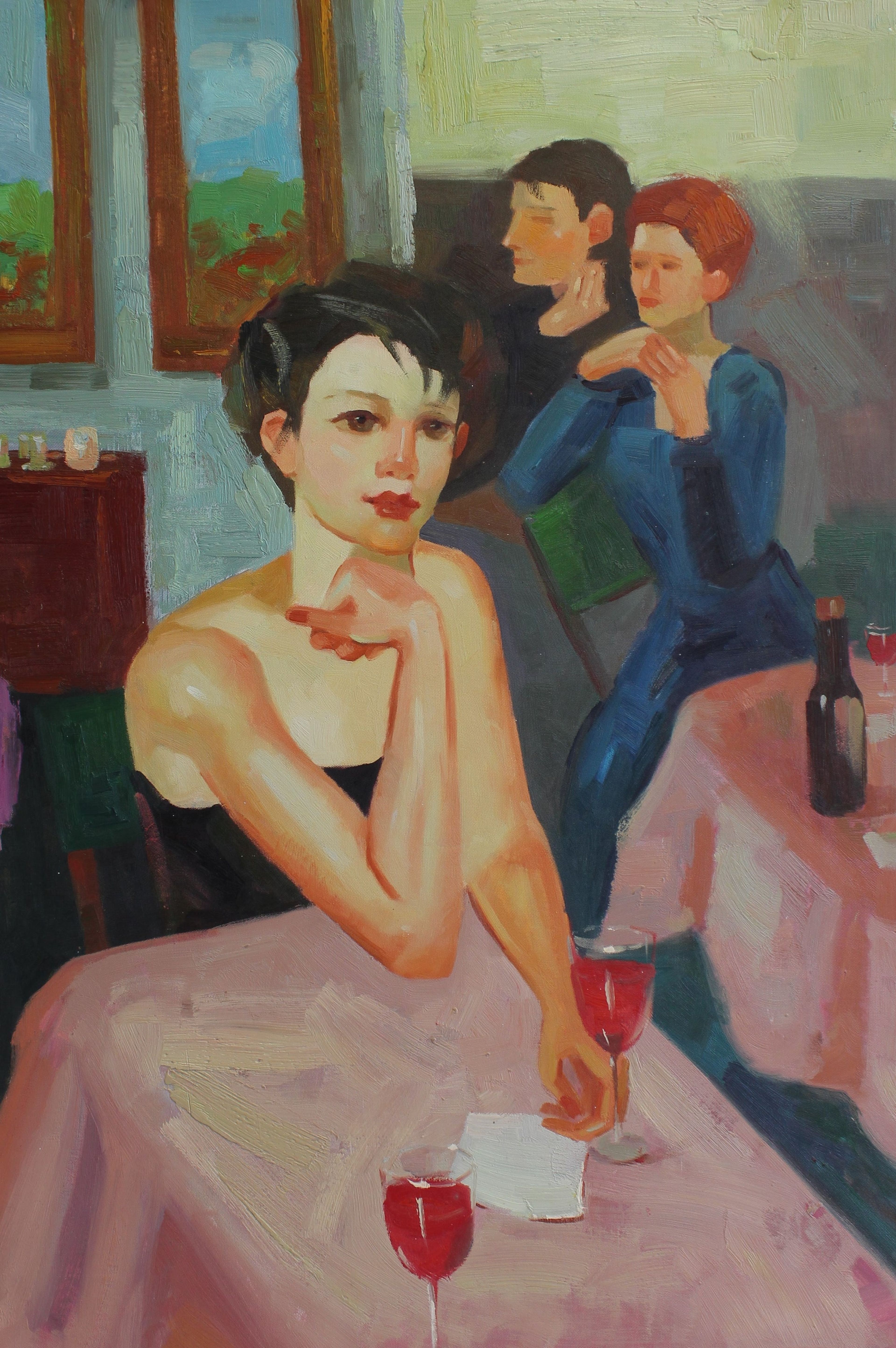 Personnages buvant du vin dans un restaurant