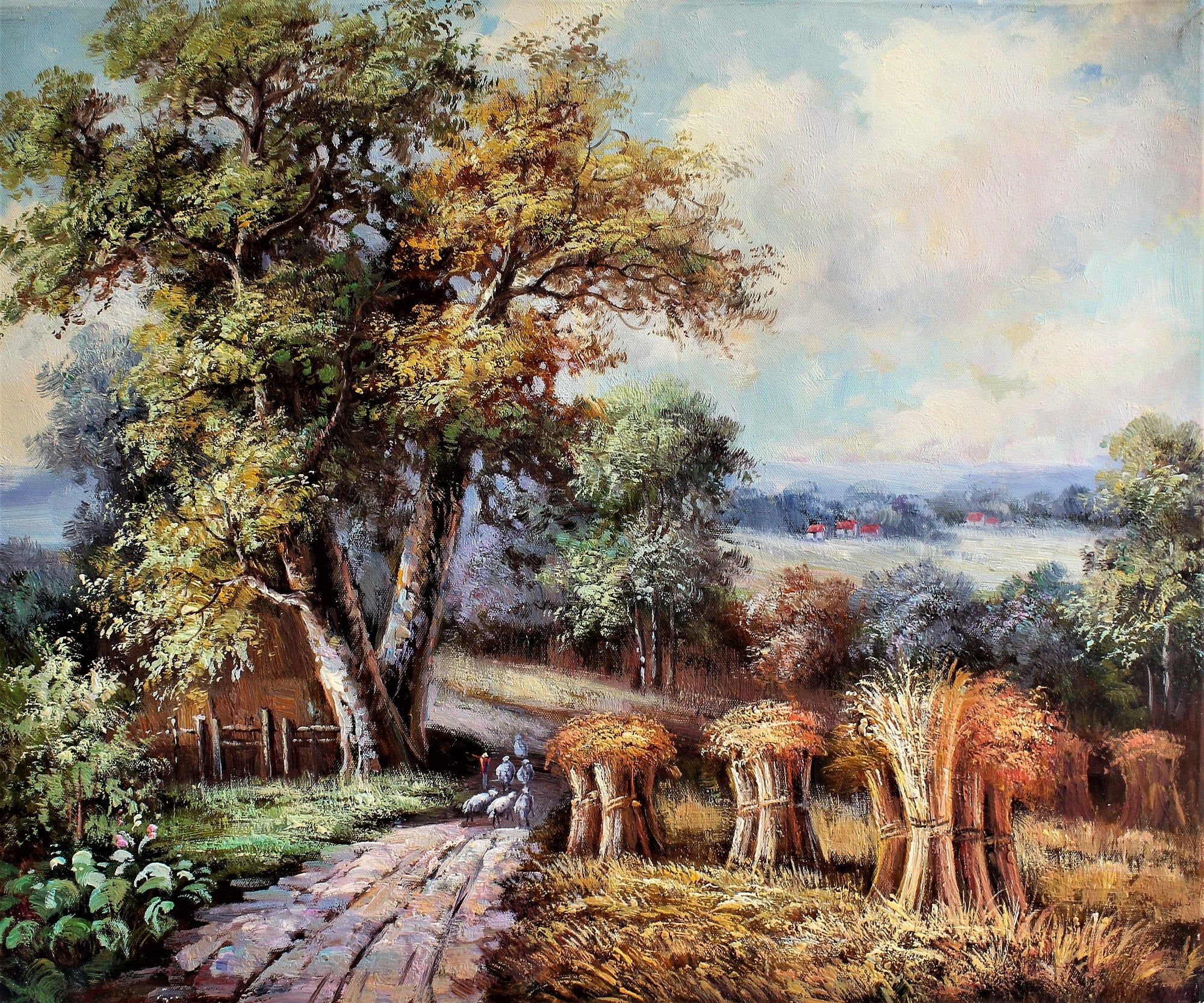 Paysage agricole avec un fermier et des moutons sur une route