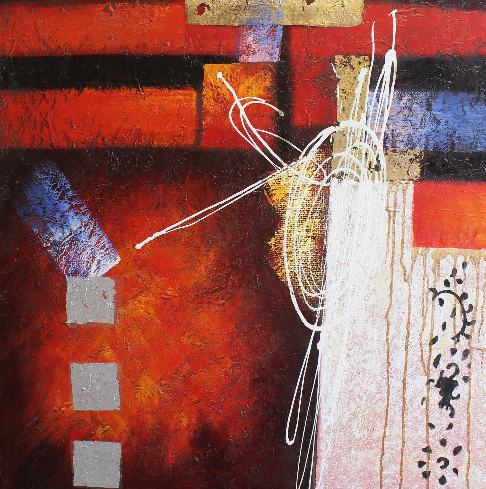 Peinture abstraite avec du rouge, du bleu, du noir et du blanc