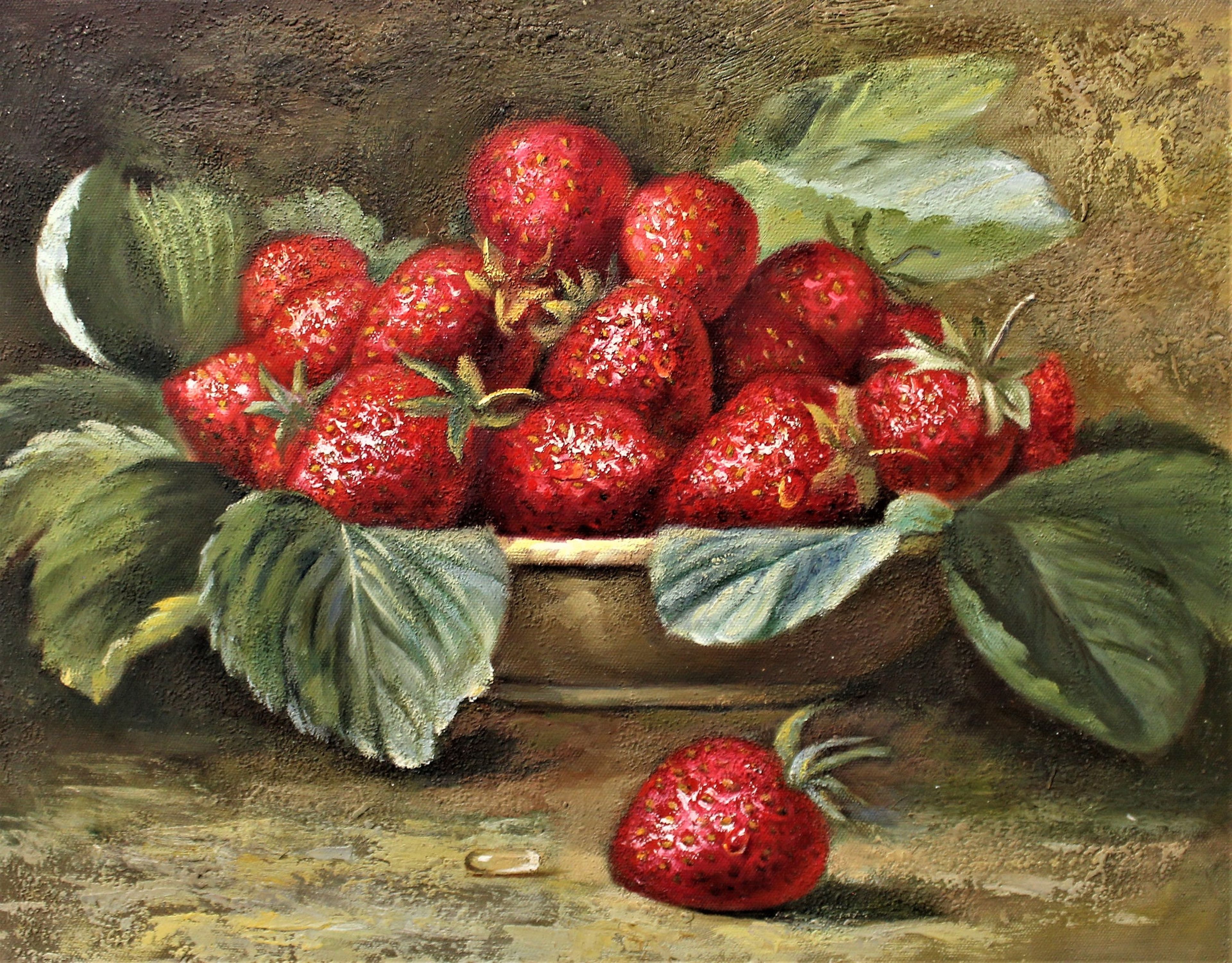 Nature morte de fraises avec des feuilles dans un bol