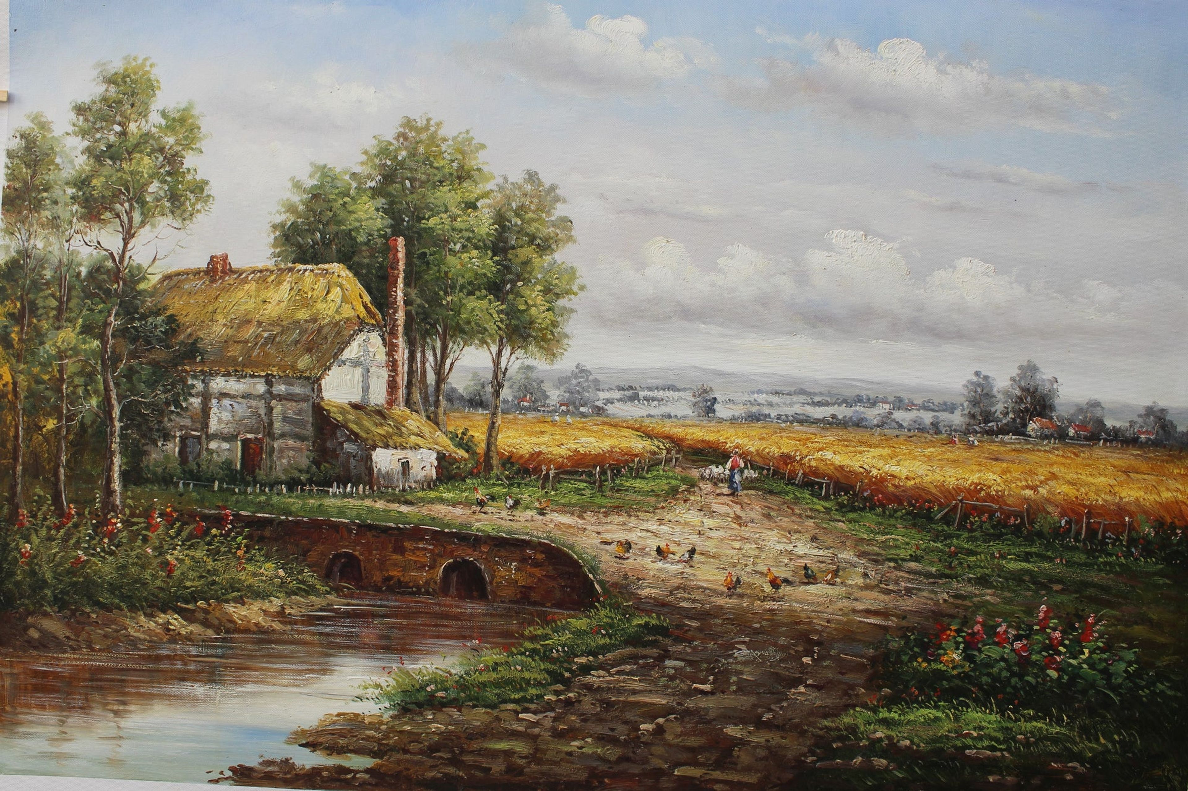 Scène de ferme avec des poulets et du blé