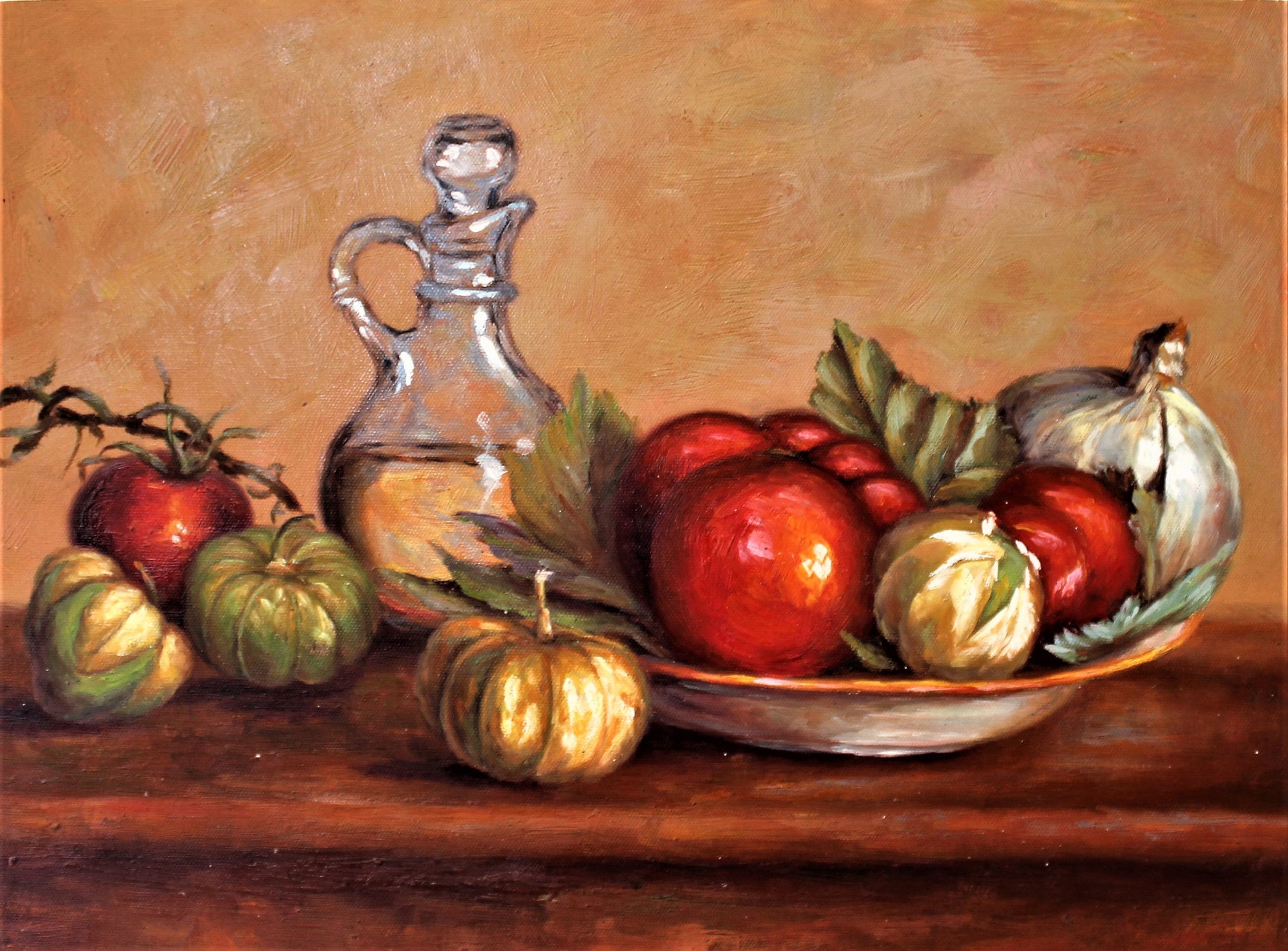 Nature morte d'huile d'olive, de tomatilles, d'ail et de tomates