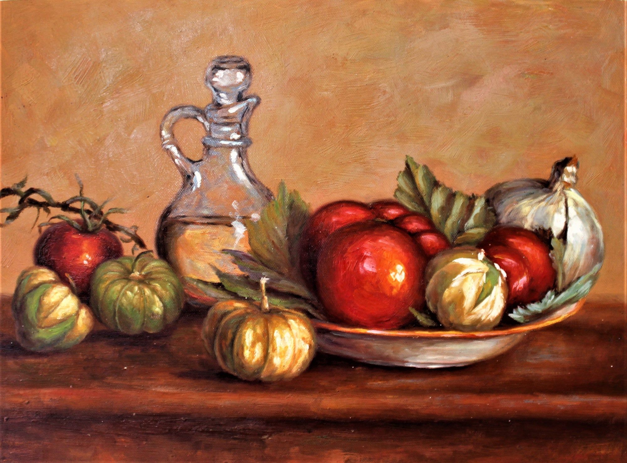 Nature morte d'huile d'olive, de tomatilles, d'ail et de tomates