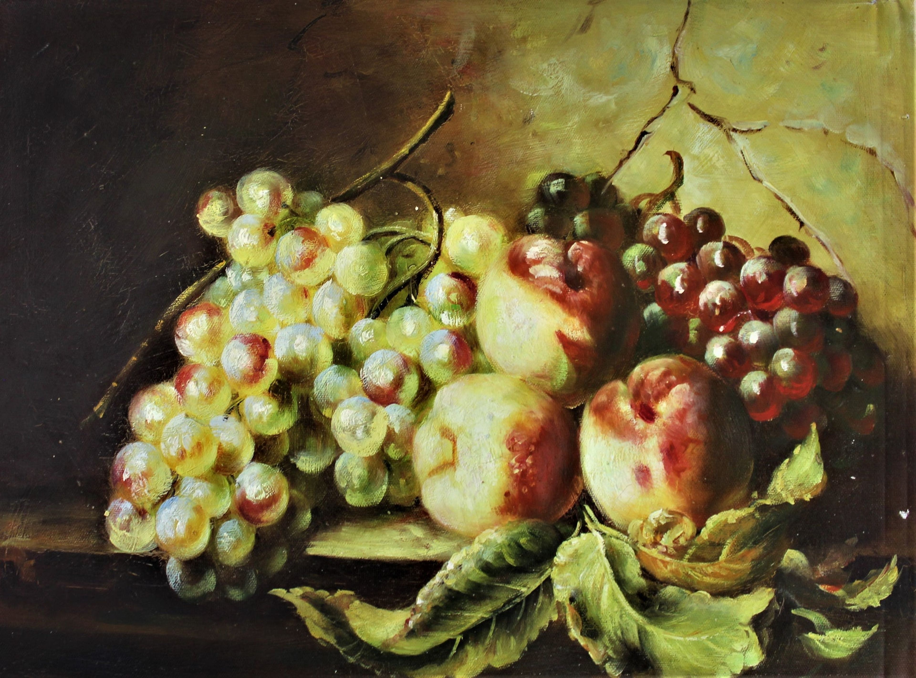 Nature morte de raisins et de pommes avec des feuilles