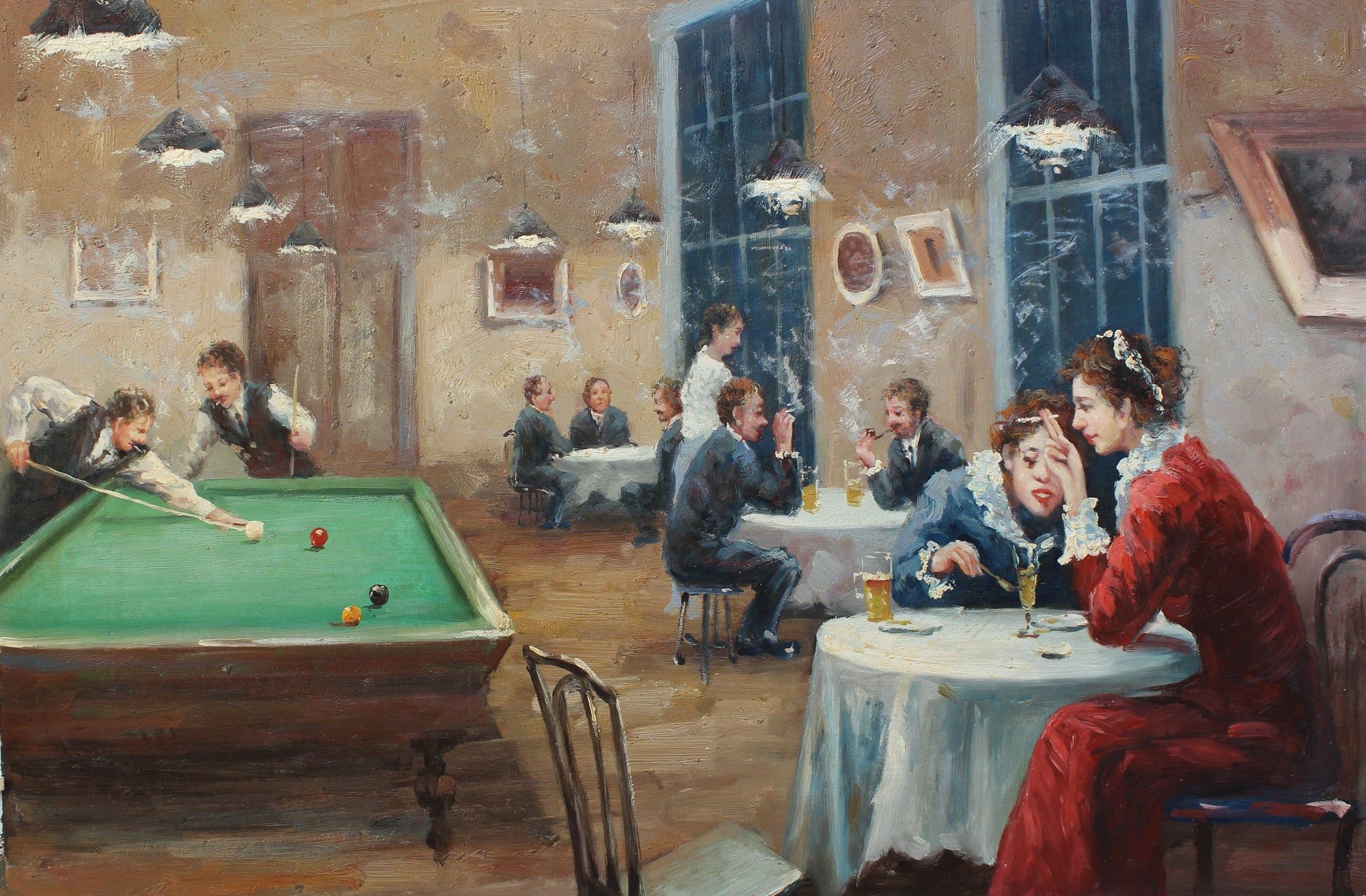 Personnages dans un bar enfumé avec billard