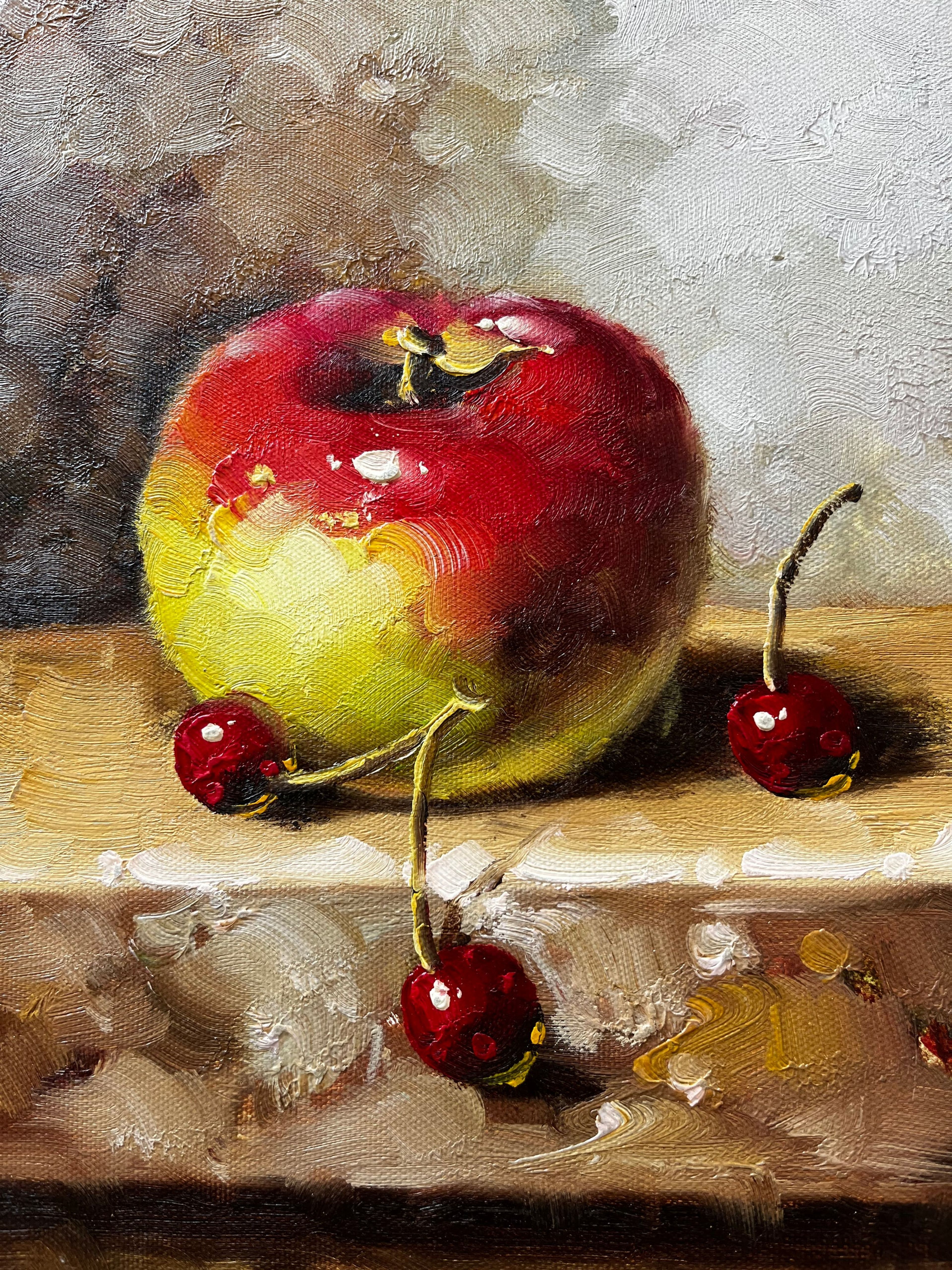 Nature morte d'une pomme et de cerises
