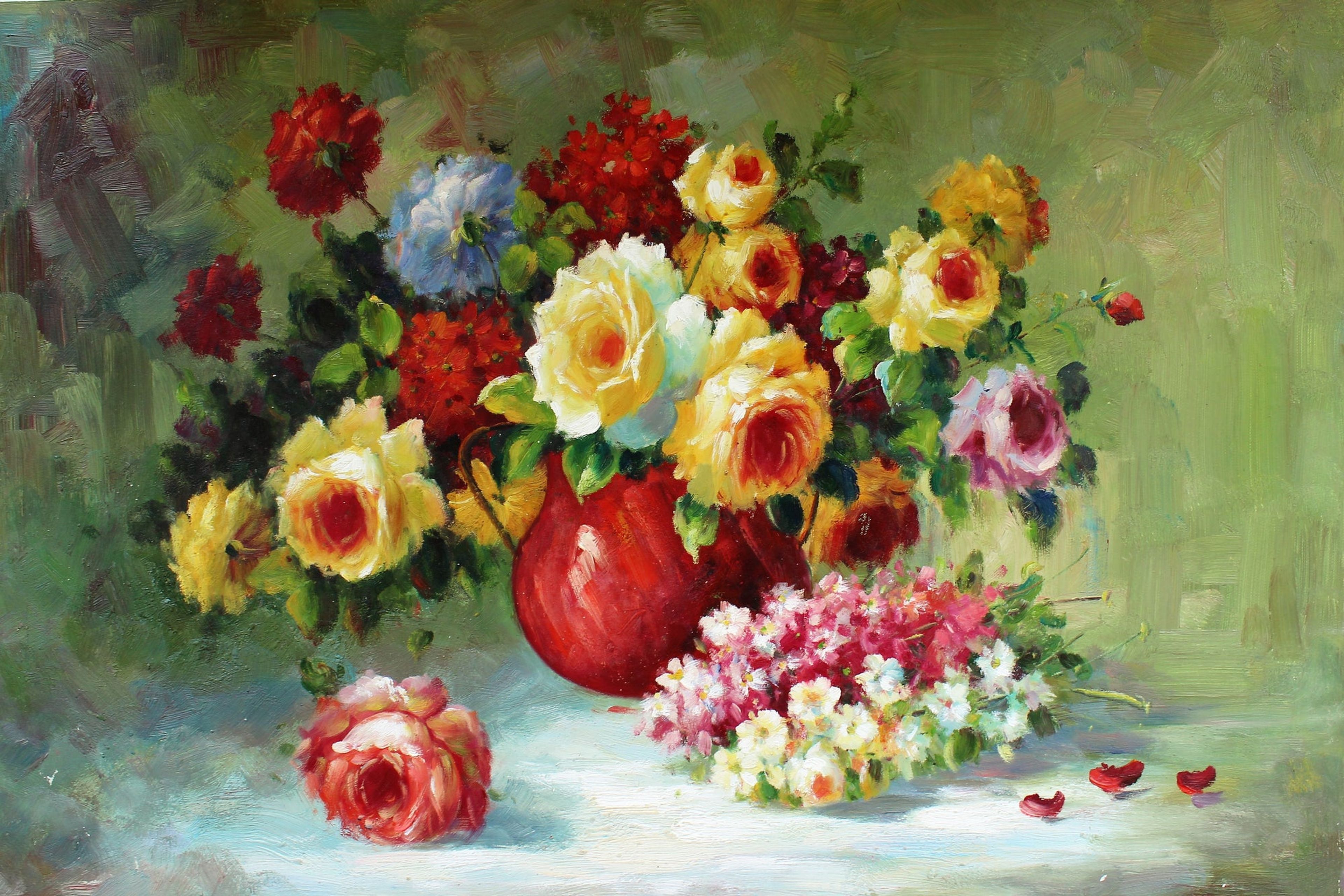 Nature morte de fleurs dans un vase rond rouge