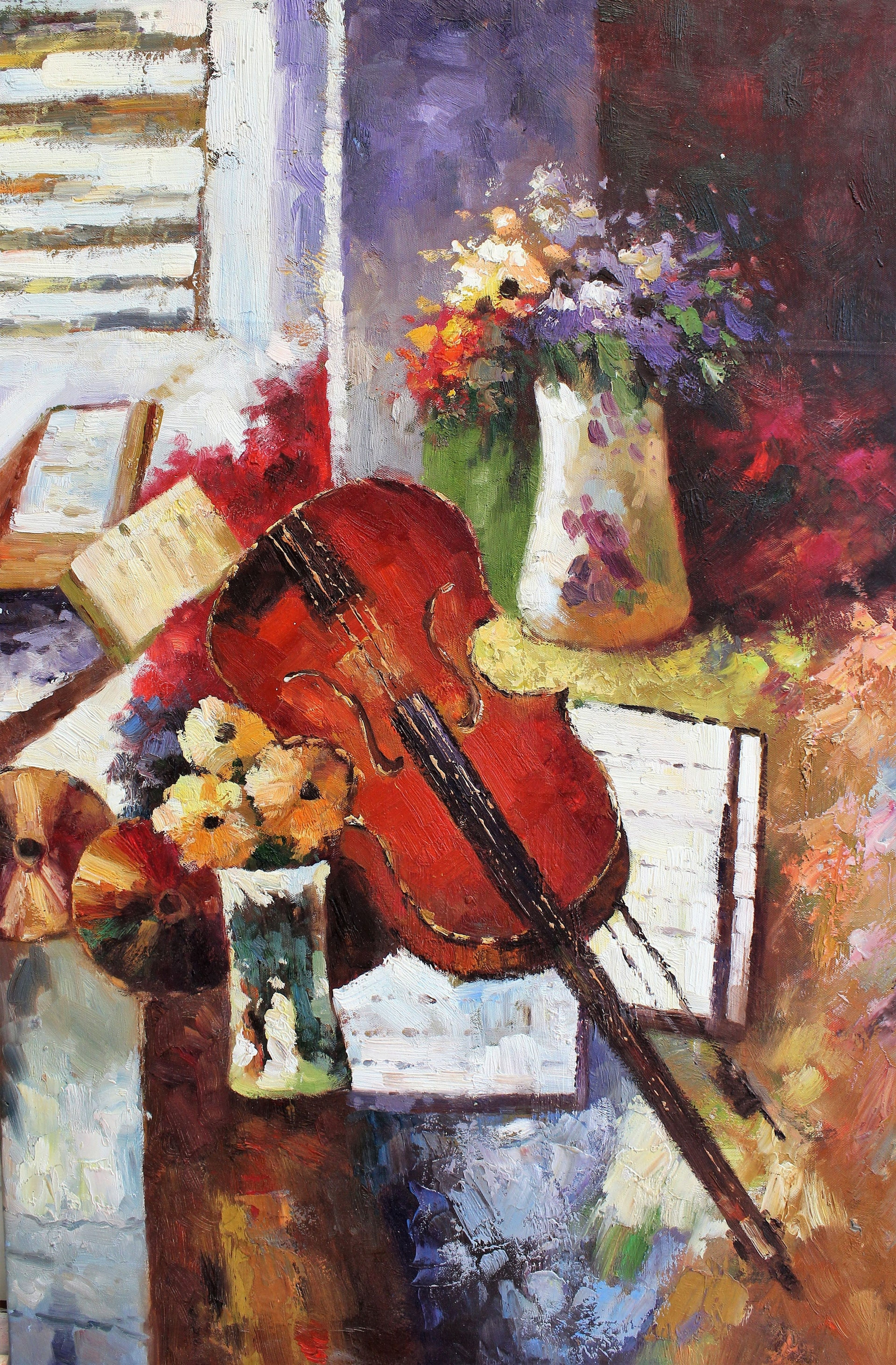 Still life of violin and flowers