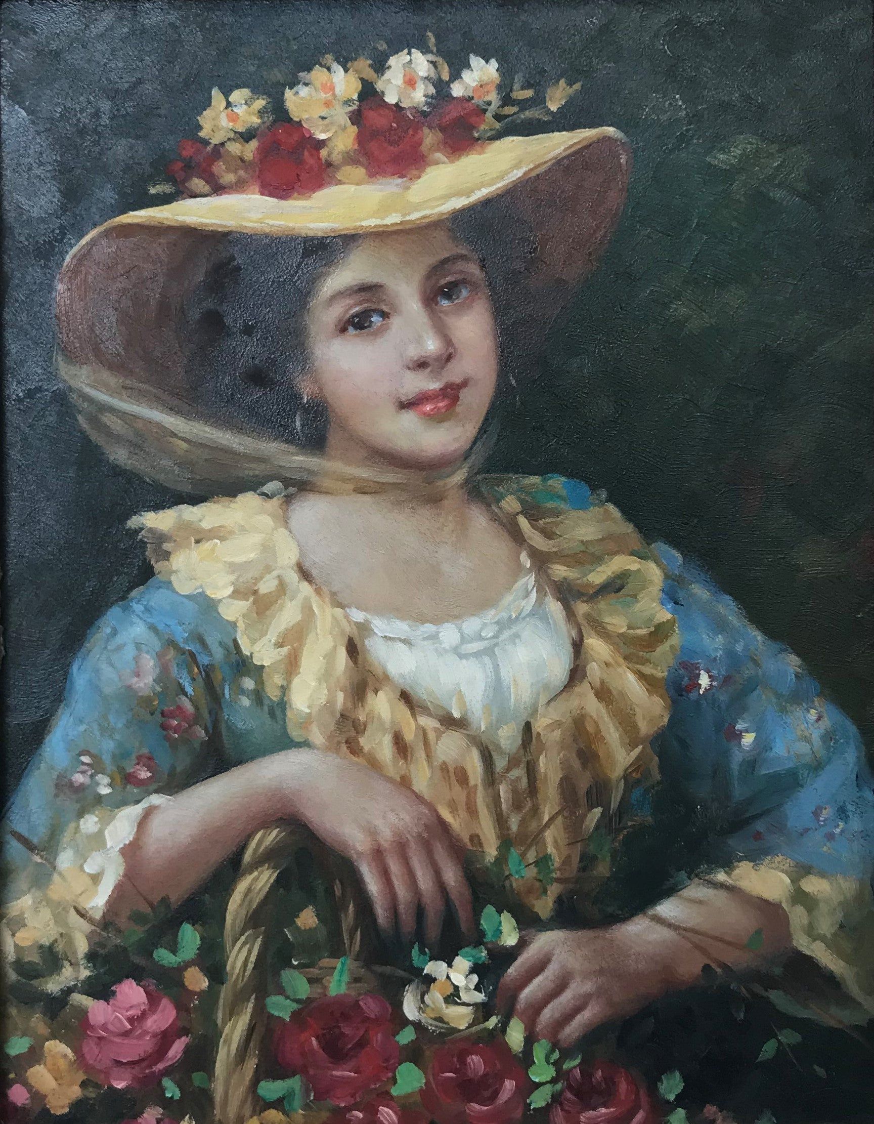 Femme avec un panier de fleurs
