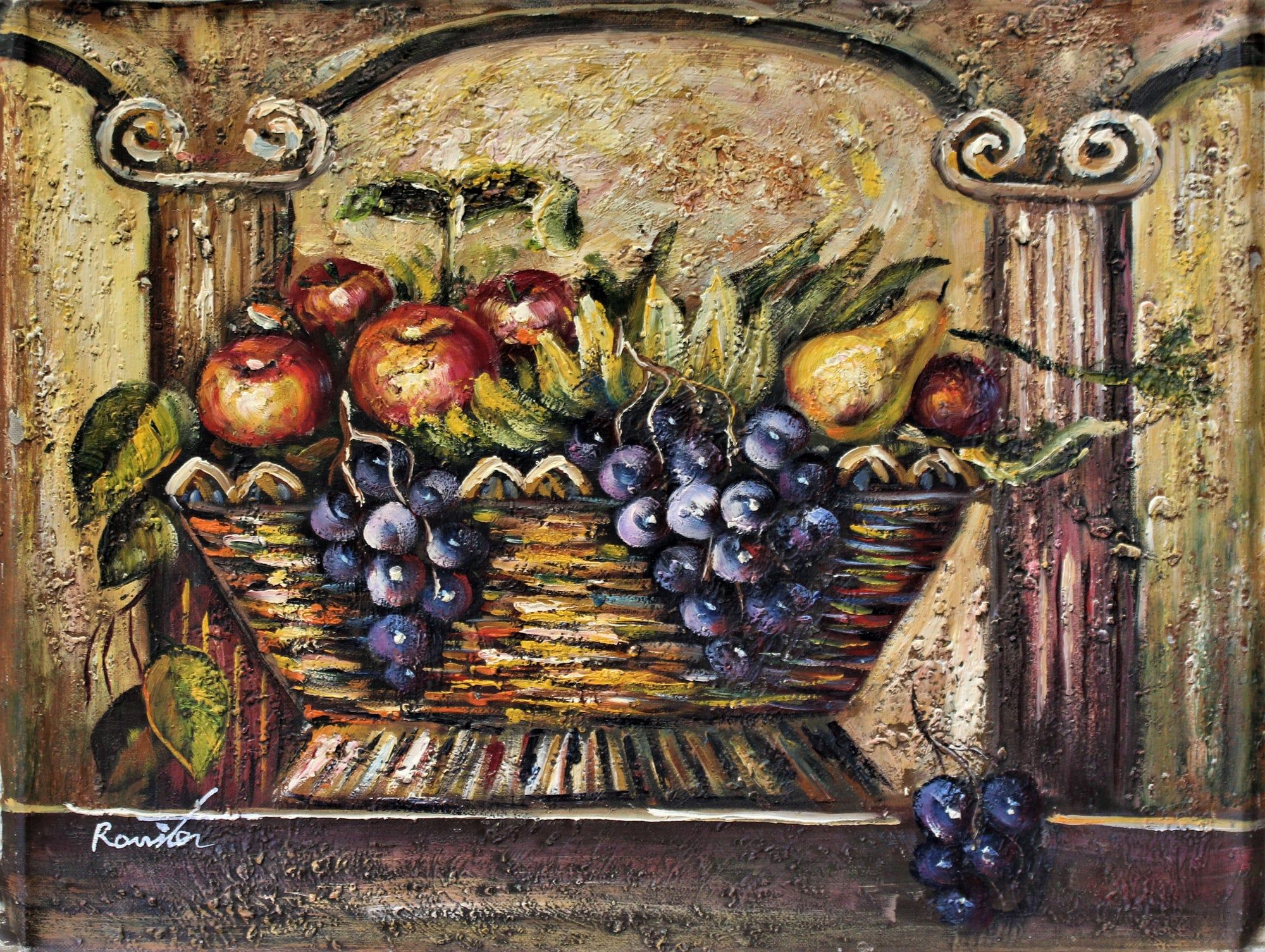 Nature morte d'une coupe de fruits devant des colonnes ioniques