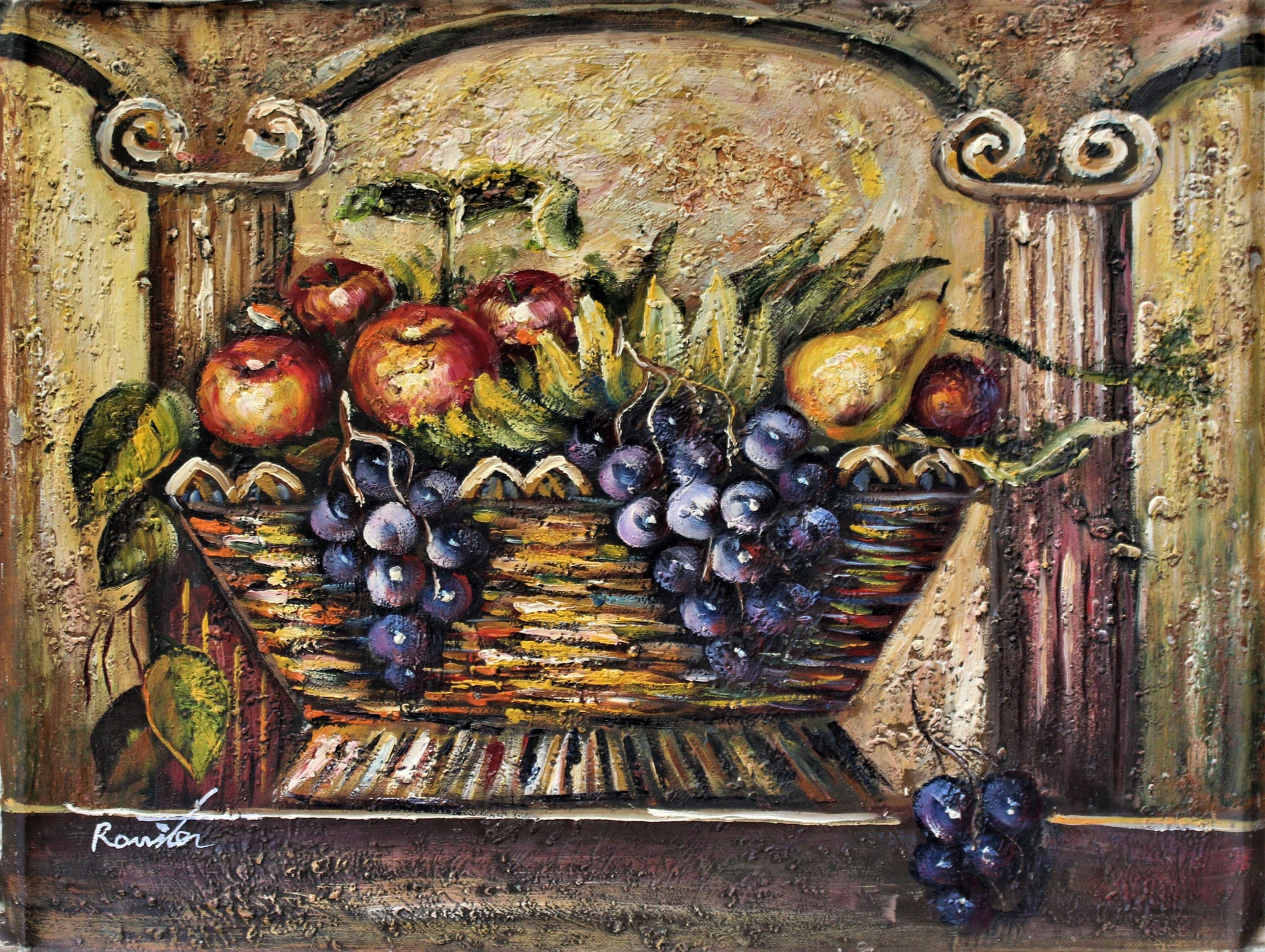 Nature morte d'une coupe de fruits devant des colonnes ioniques