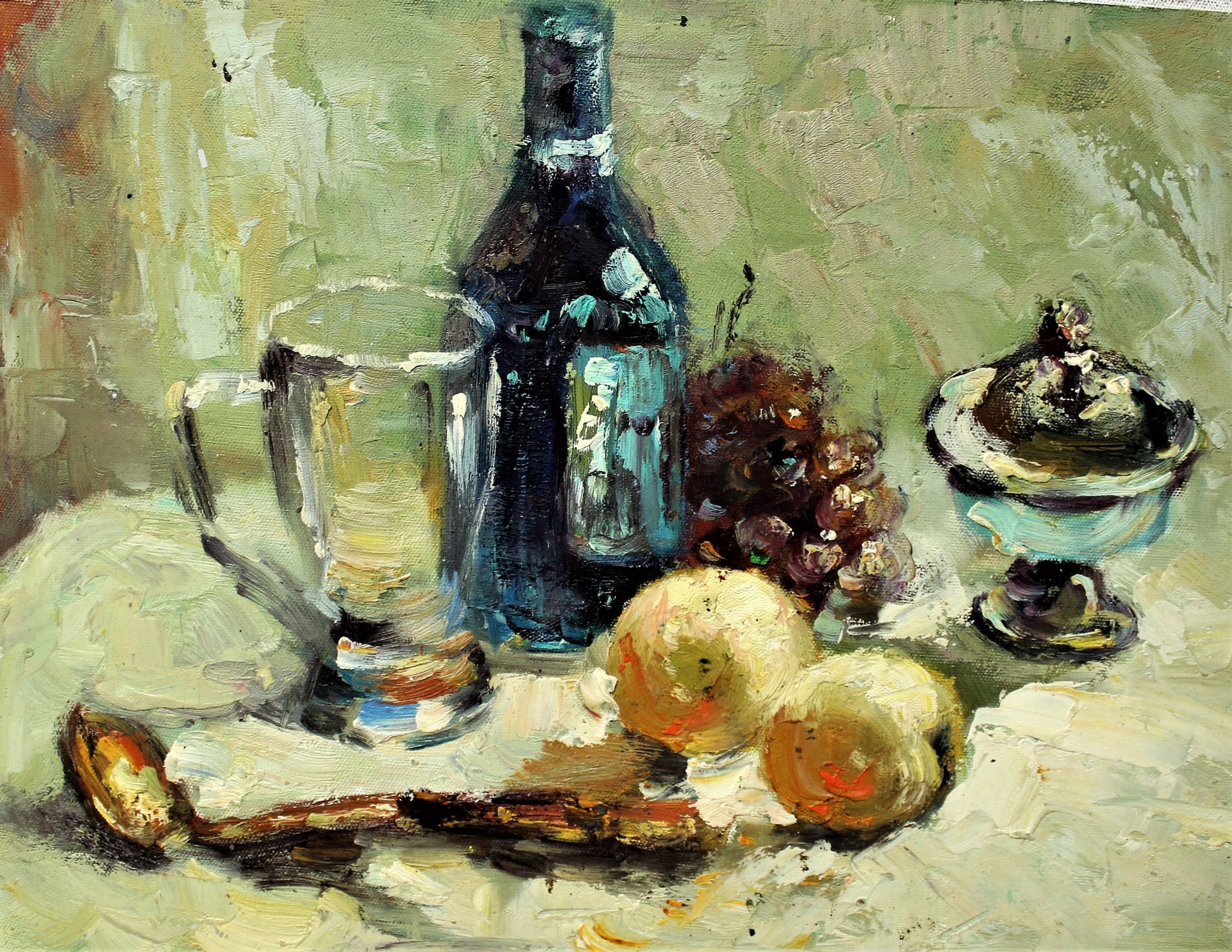 Nature morte de fruits, d'un verre et d'une bouteille
