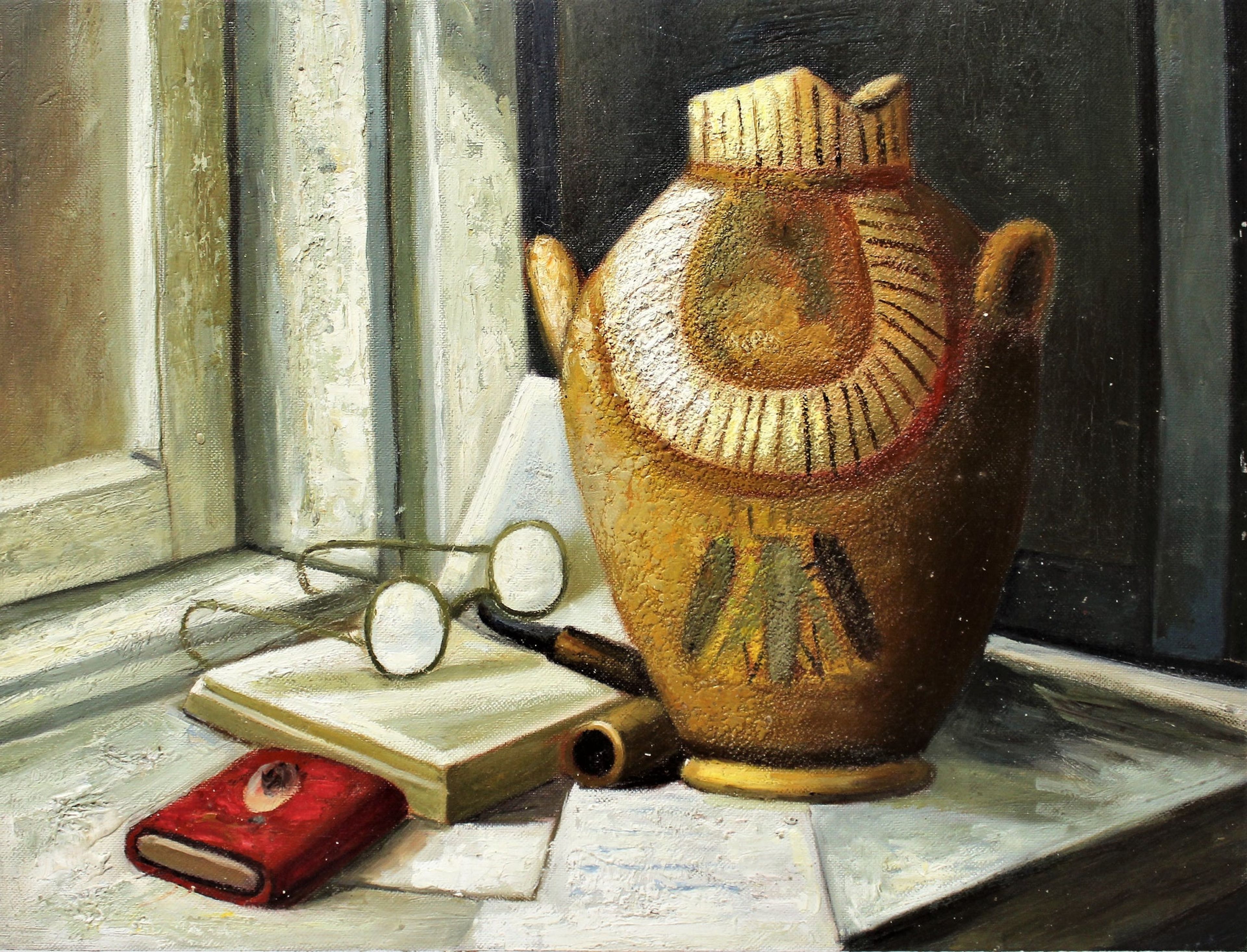 Nature morte de verres, vase et livre