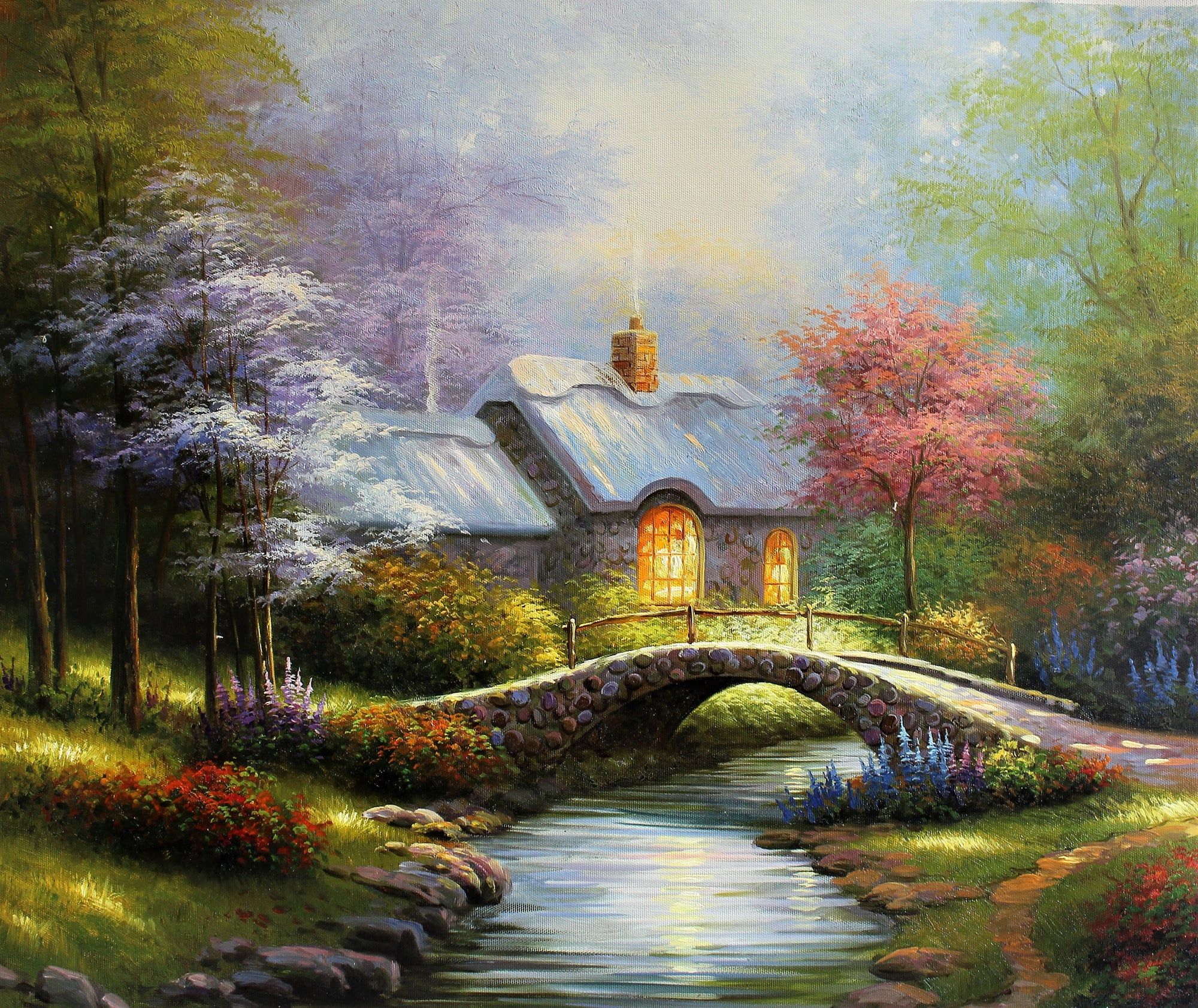 Pont vers un chalet dans les bois