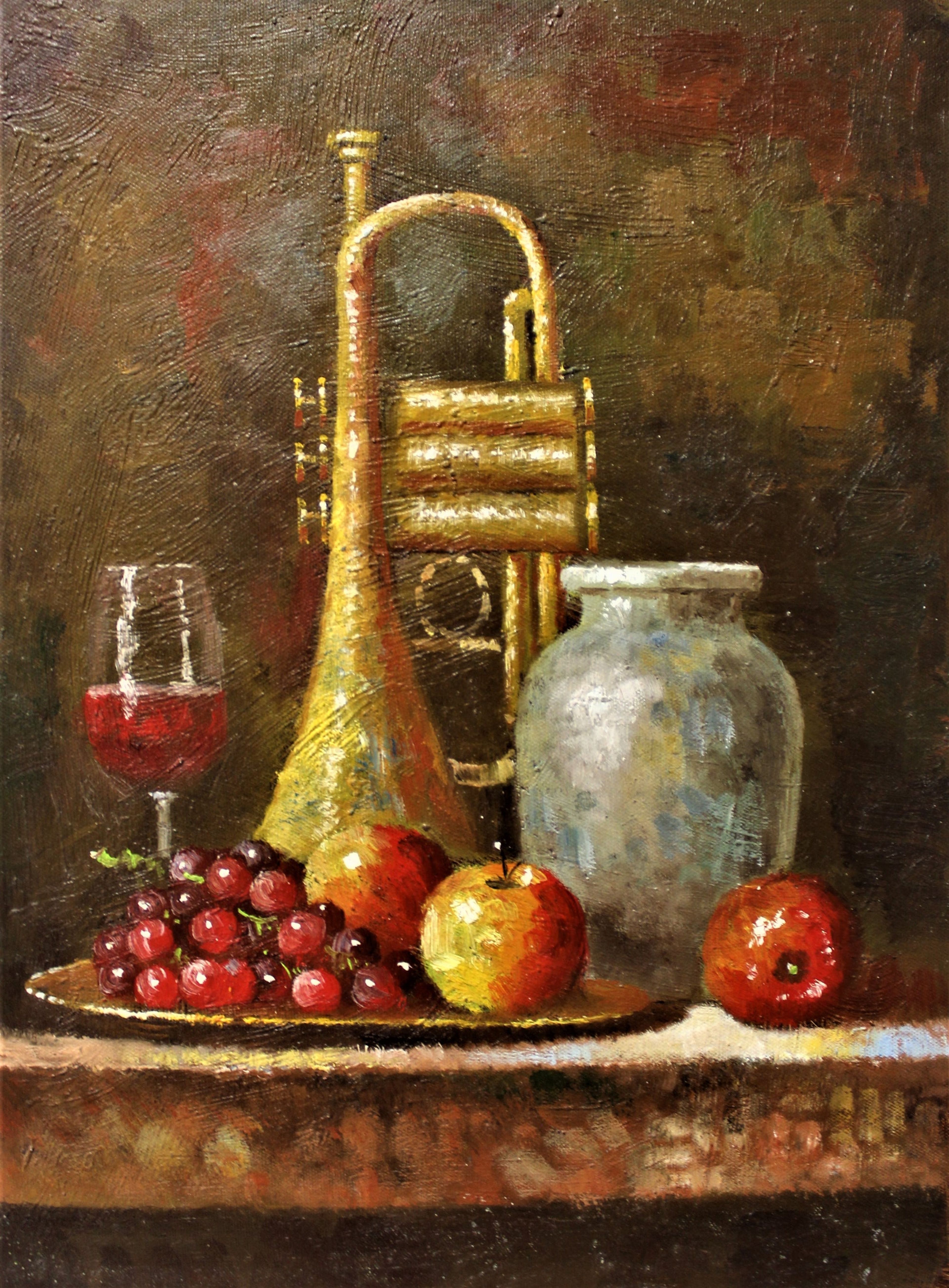 Nature morte d'une trompette, de vin et de fruits
