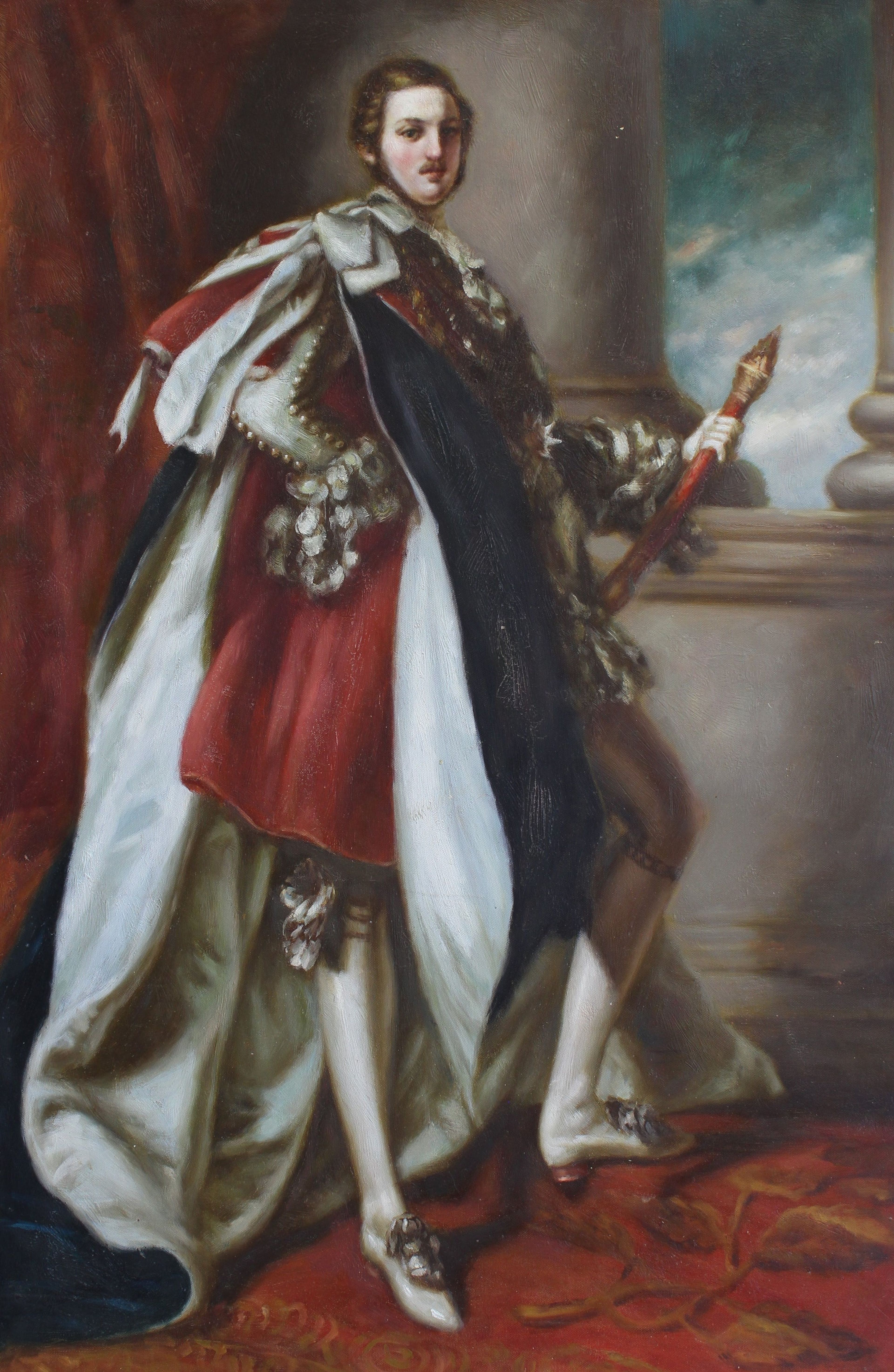 Homme noble vêtu de rouge, de noir et de blanc