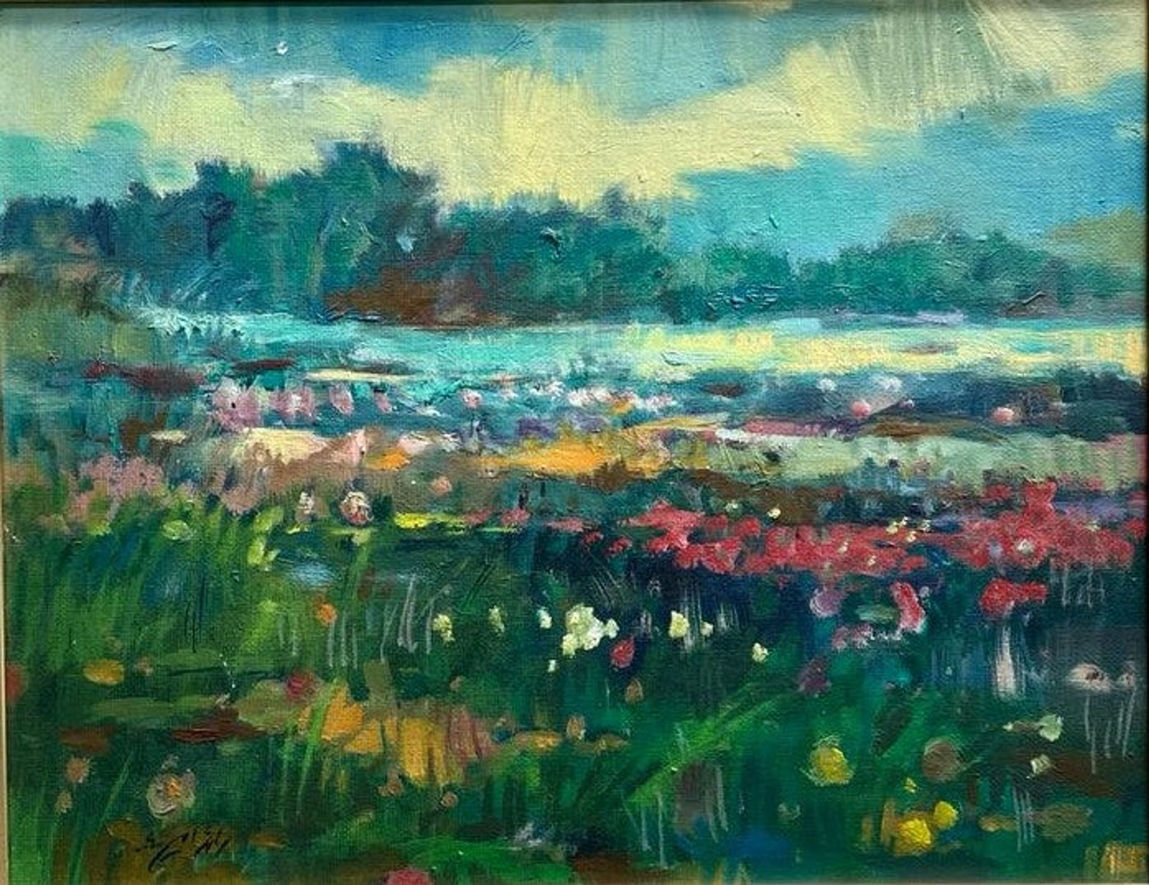 Paysage avec des fleurs