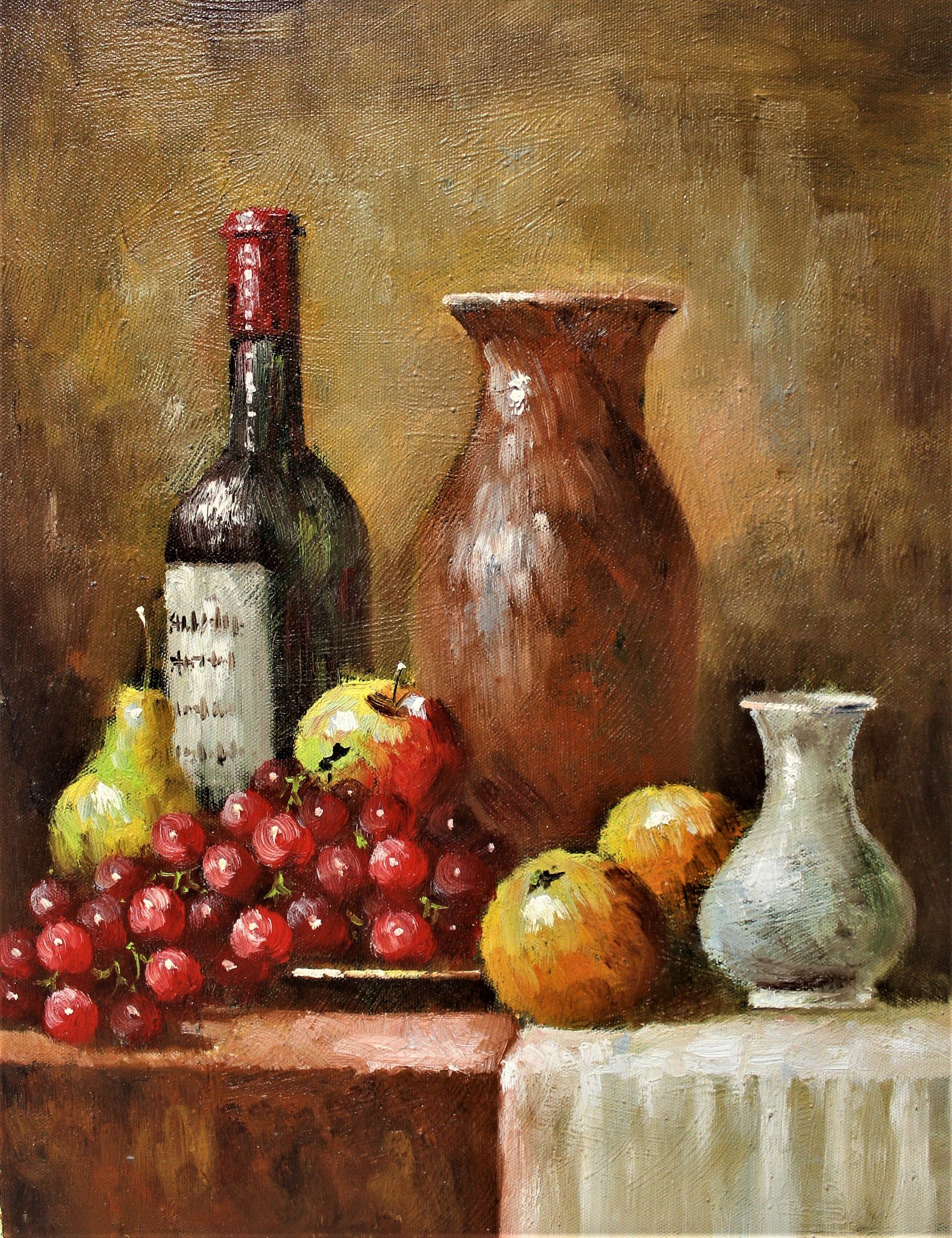 Nature morte de deux vases, d'une bouteille de vin et de fruits