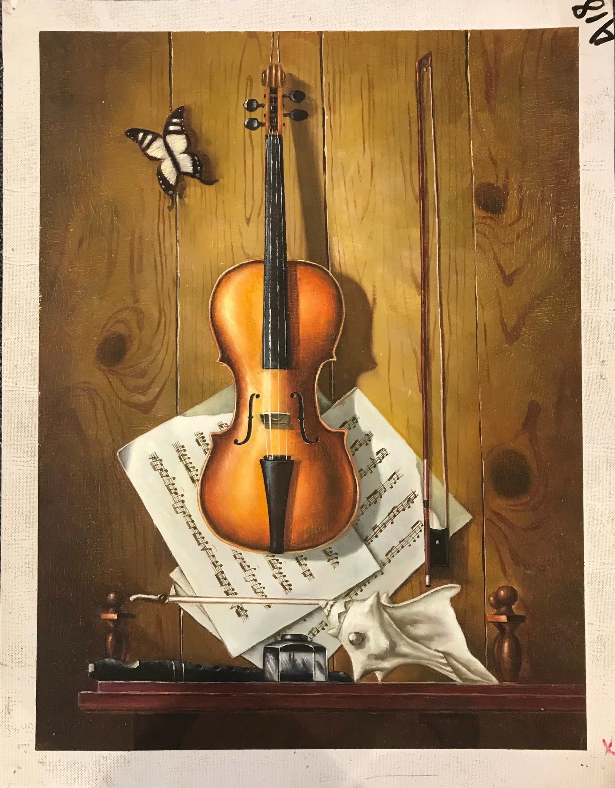 Nature morte d'un violon, d'une partition, d'un coquillage et d'un papillon
