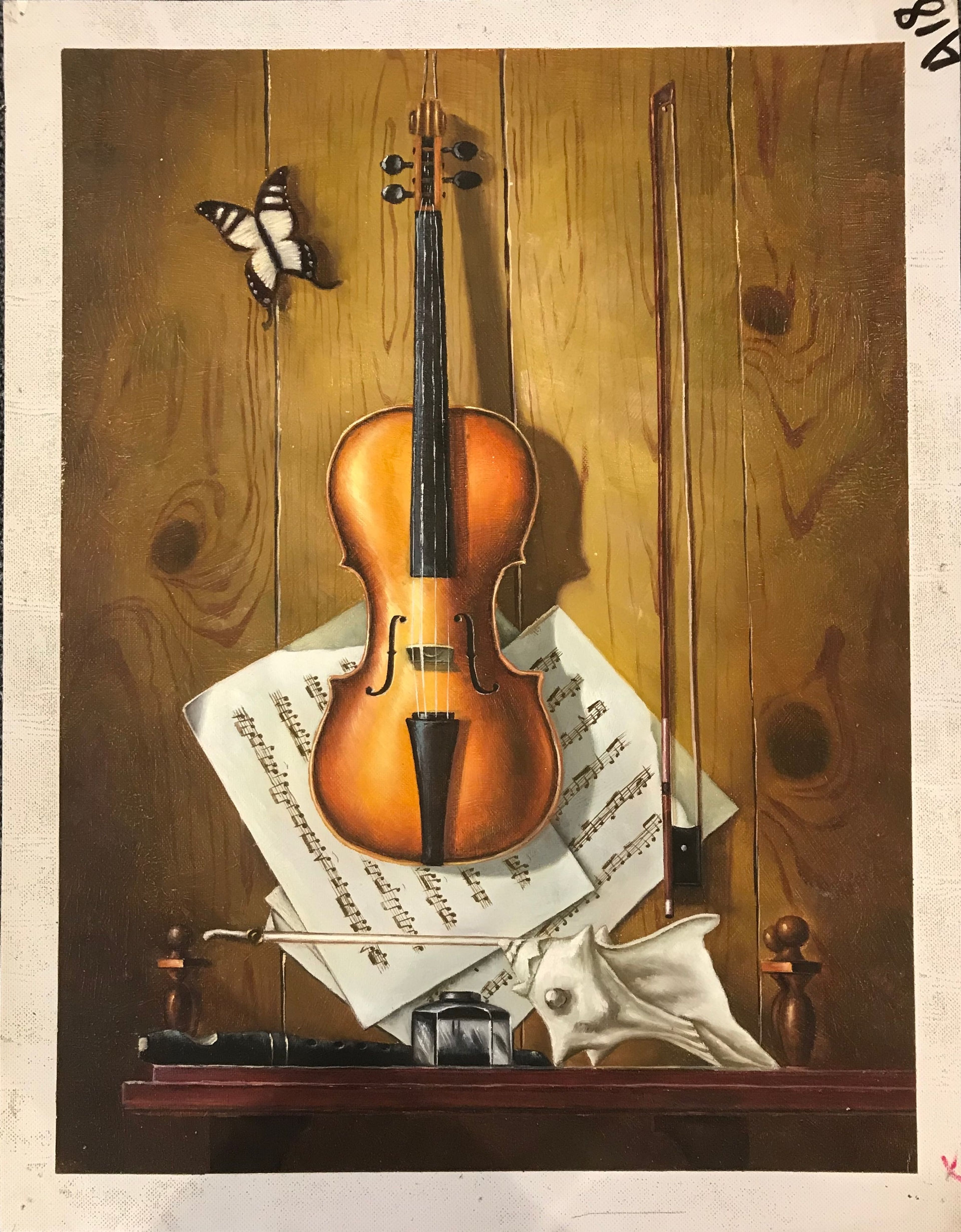 Nature morte d'un violon, d'une partition, d'un coquillage et d'un papillon