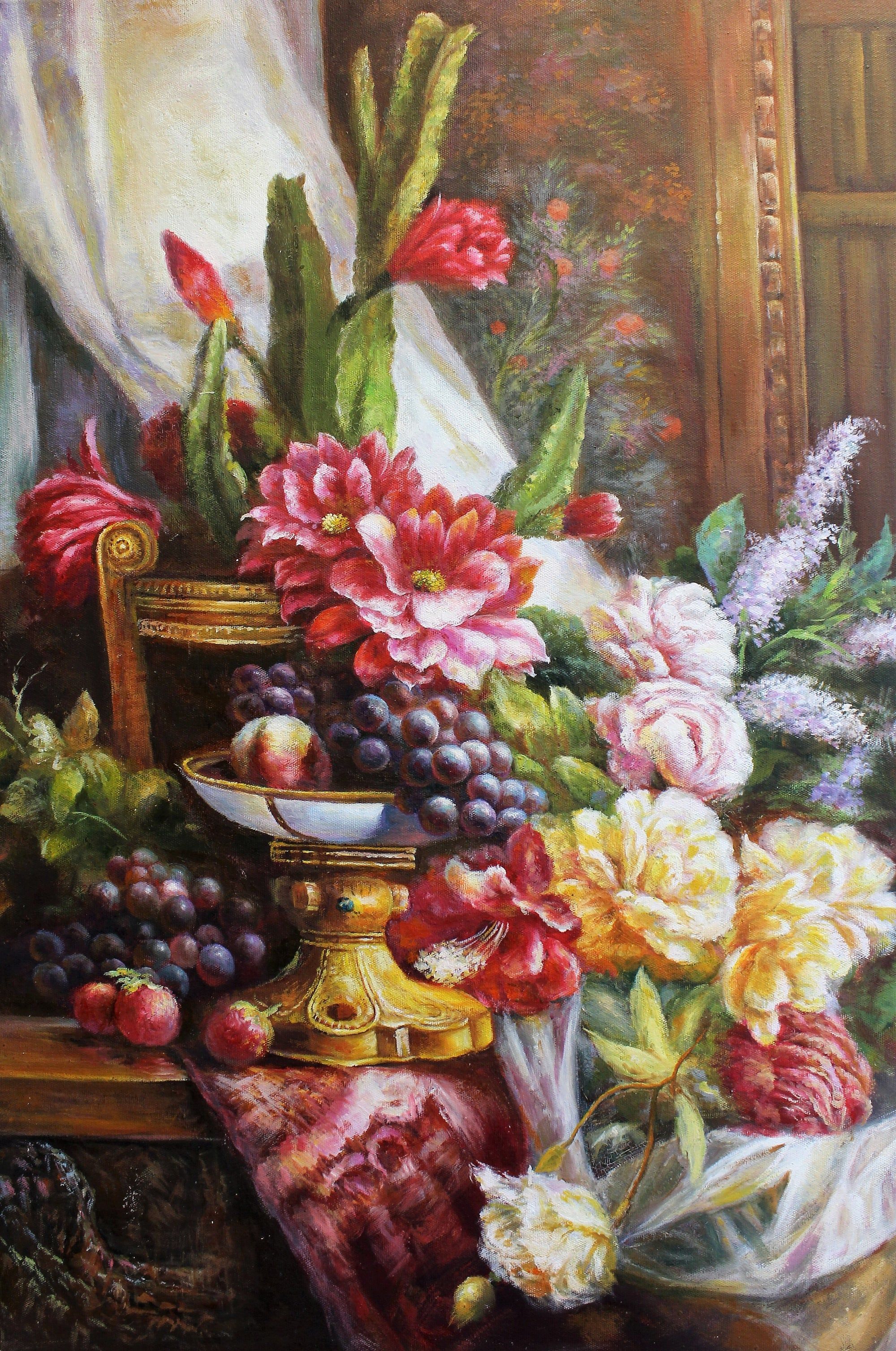 Nature morte de fleurs, de fruits et d'un cactus
