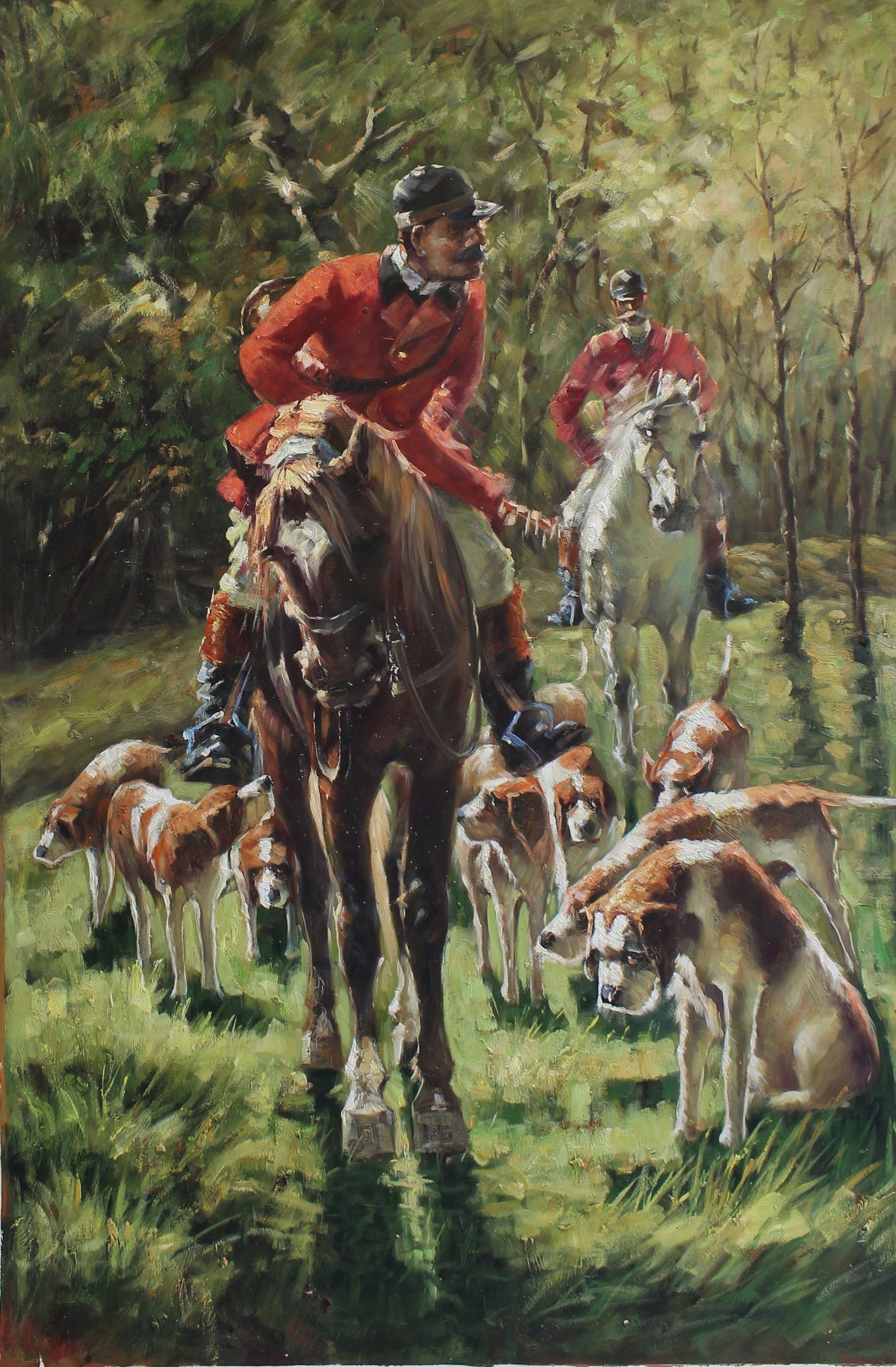 Chiens de chasse et deux chasseurs