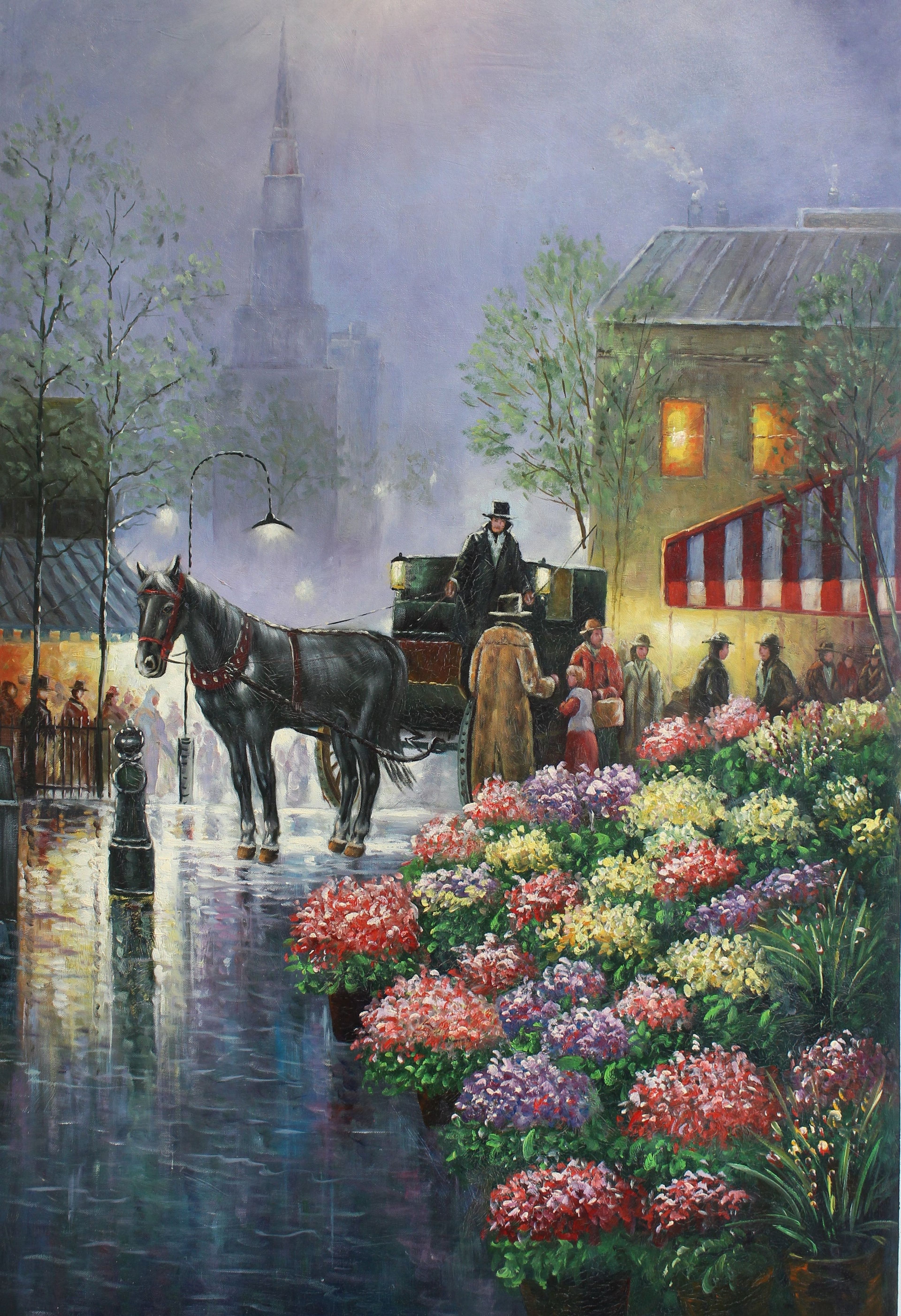 Calèche dans une rue fleurie