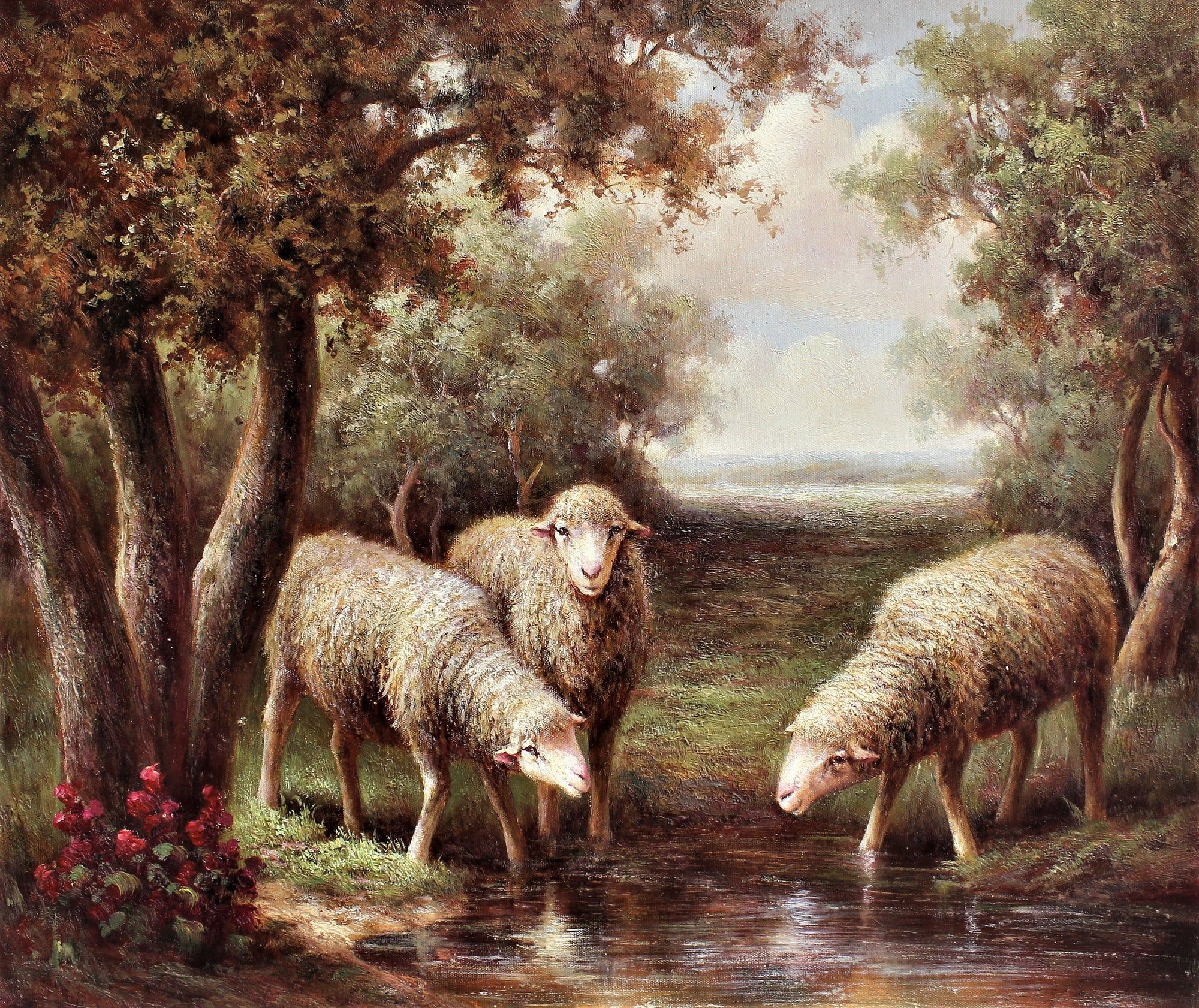 Trois moutons buvant dans un ruisseau
