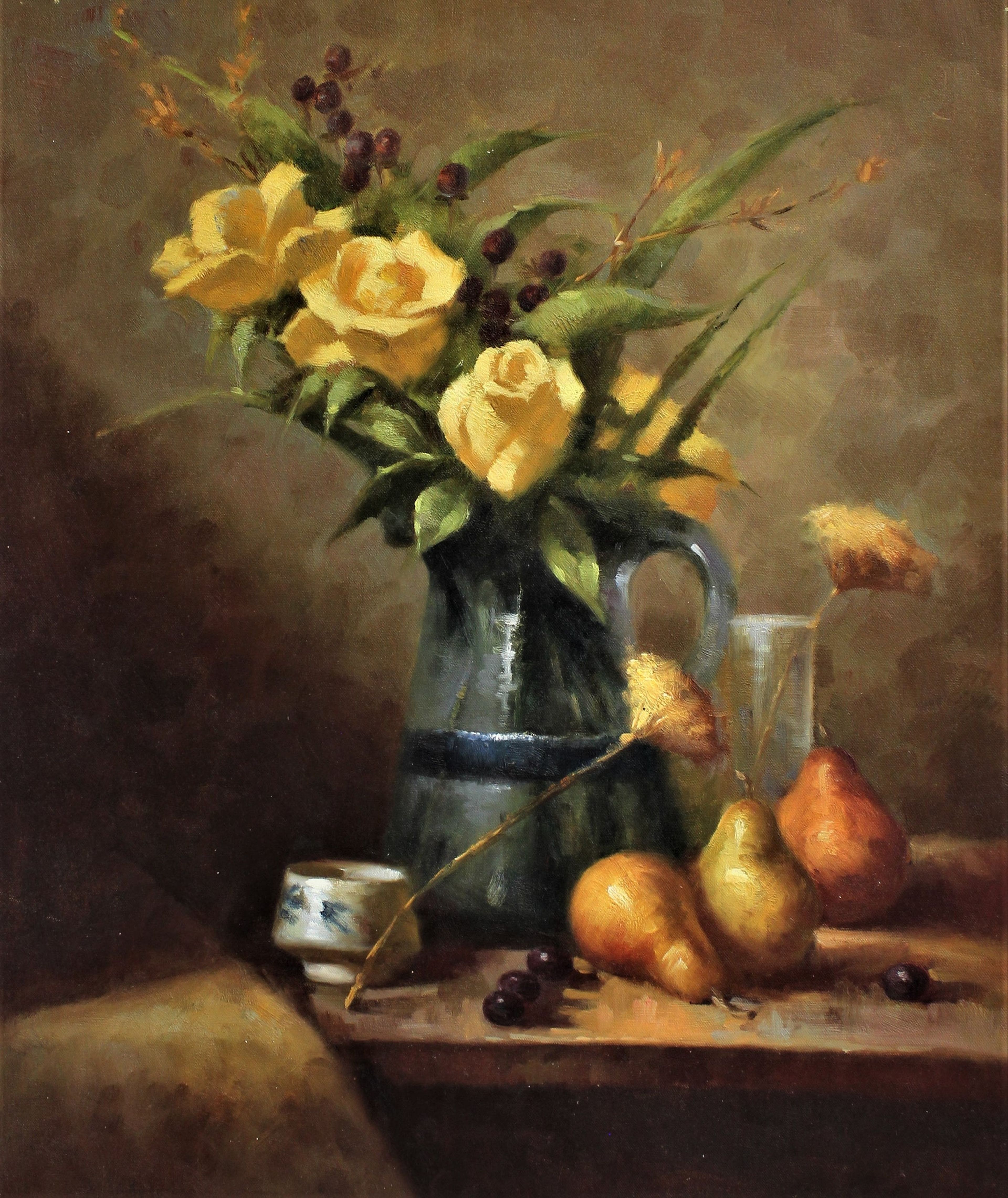 Nature morte de roses jaunes et de poires