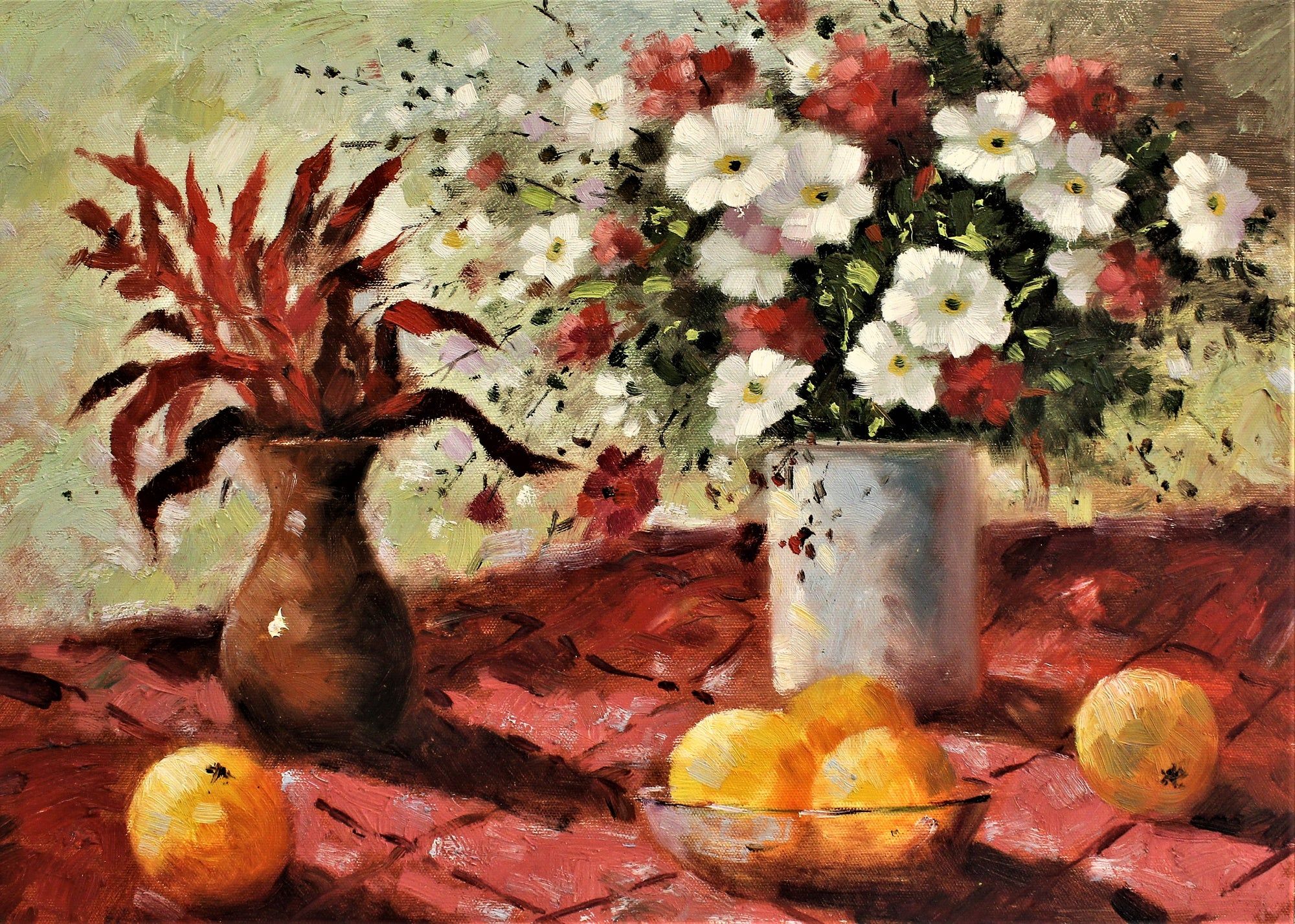 Nature morte d'oranges, de fleurs et de feuilles