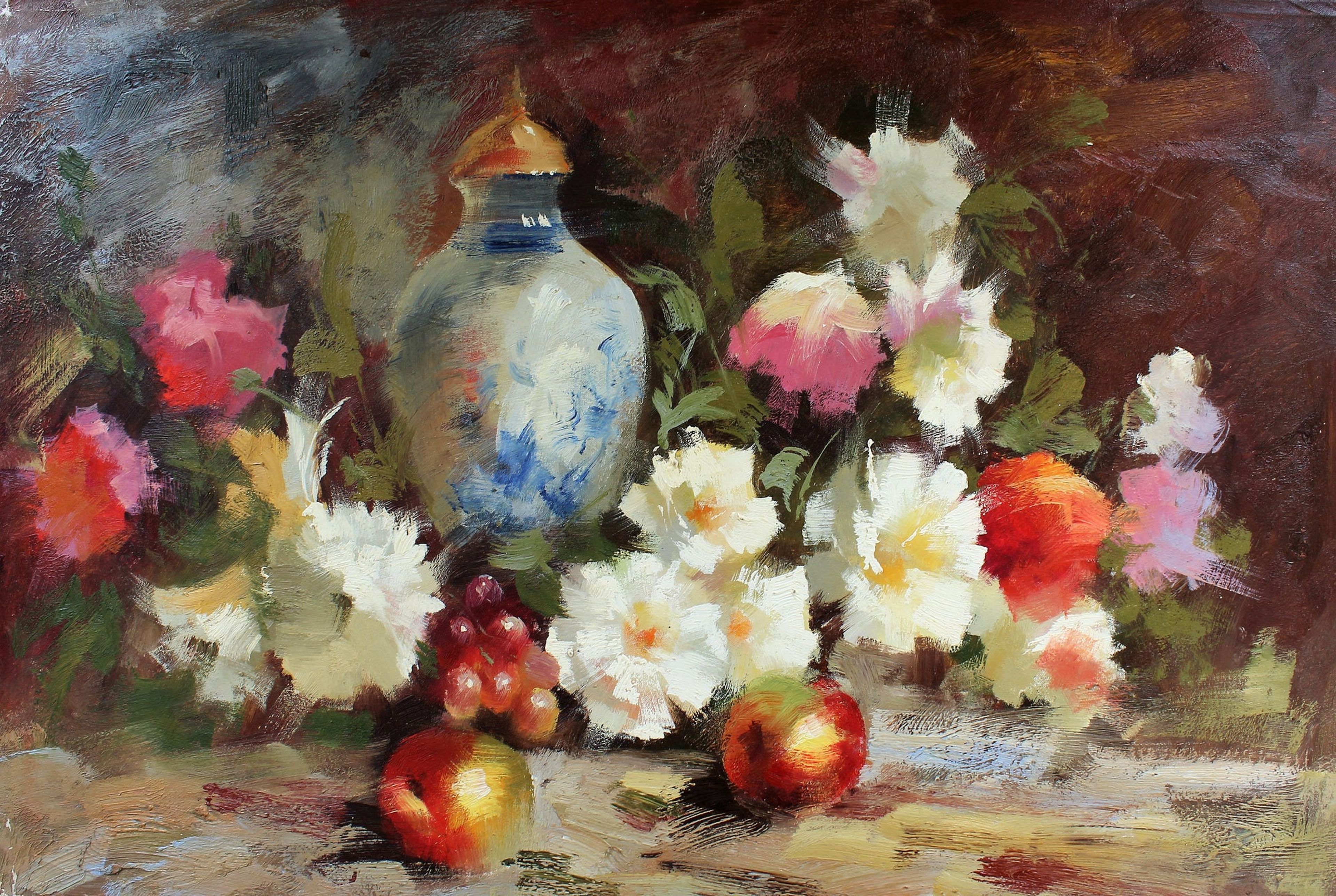 Nature morte de fleurs, de pommes et de poterie