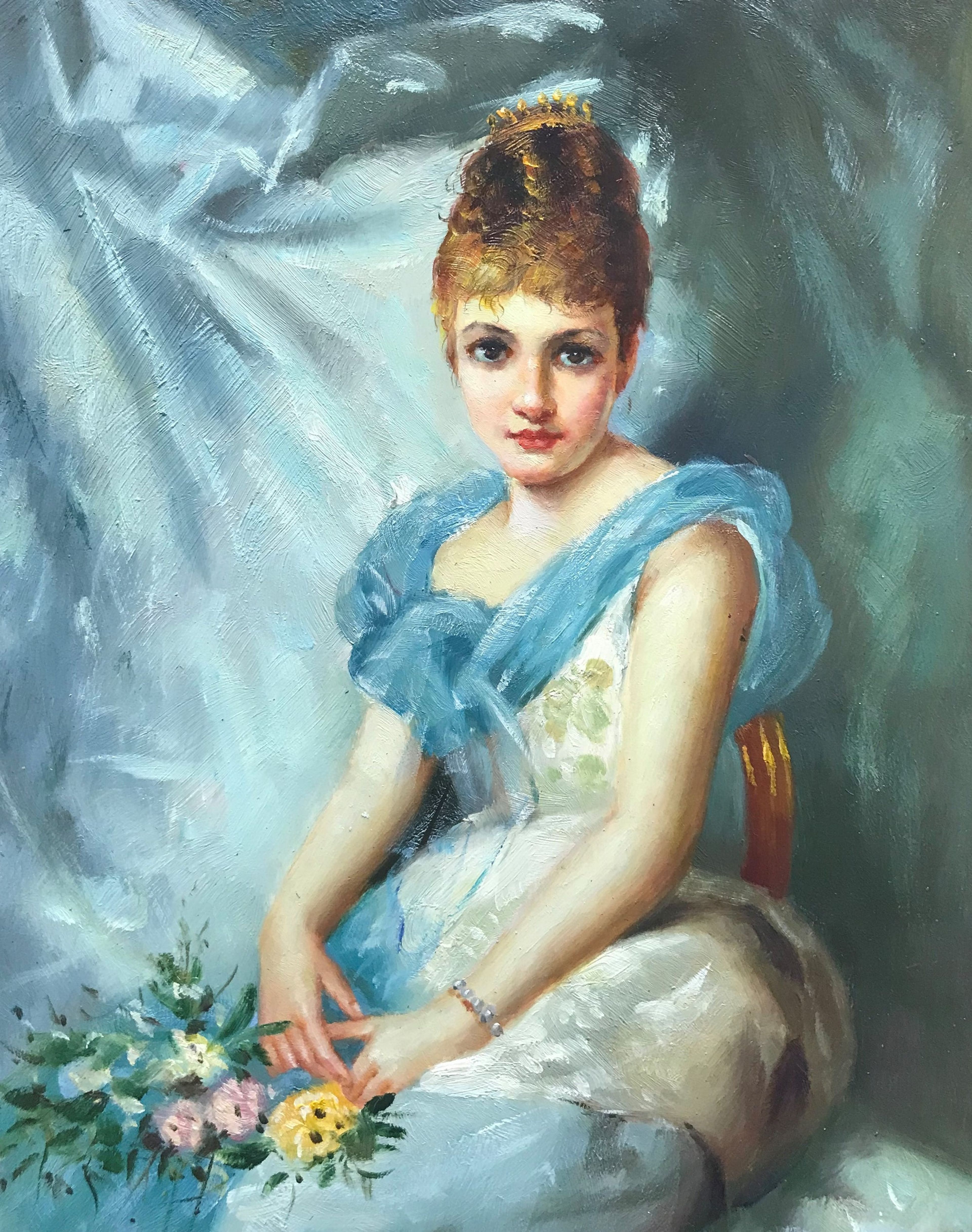 Femme en robe bleue et blanche