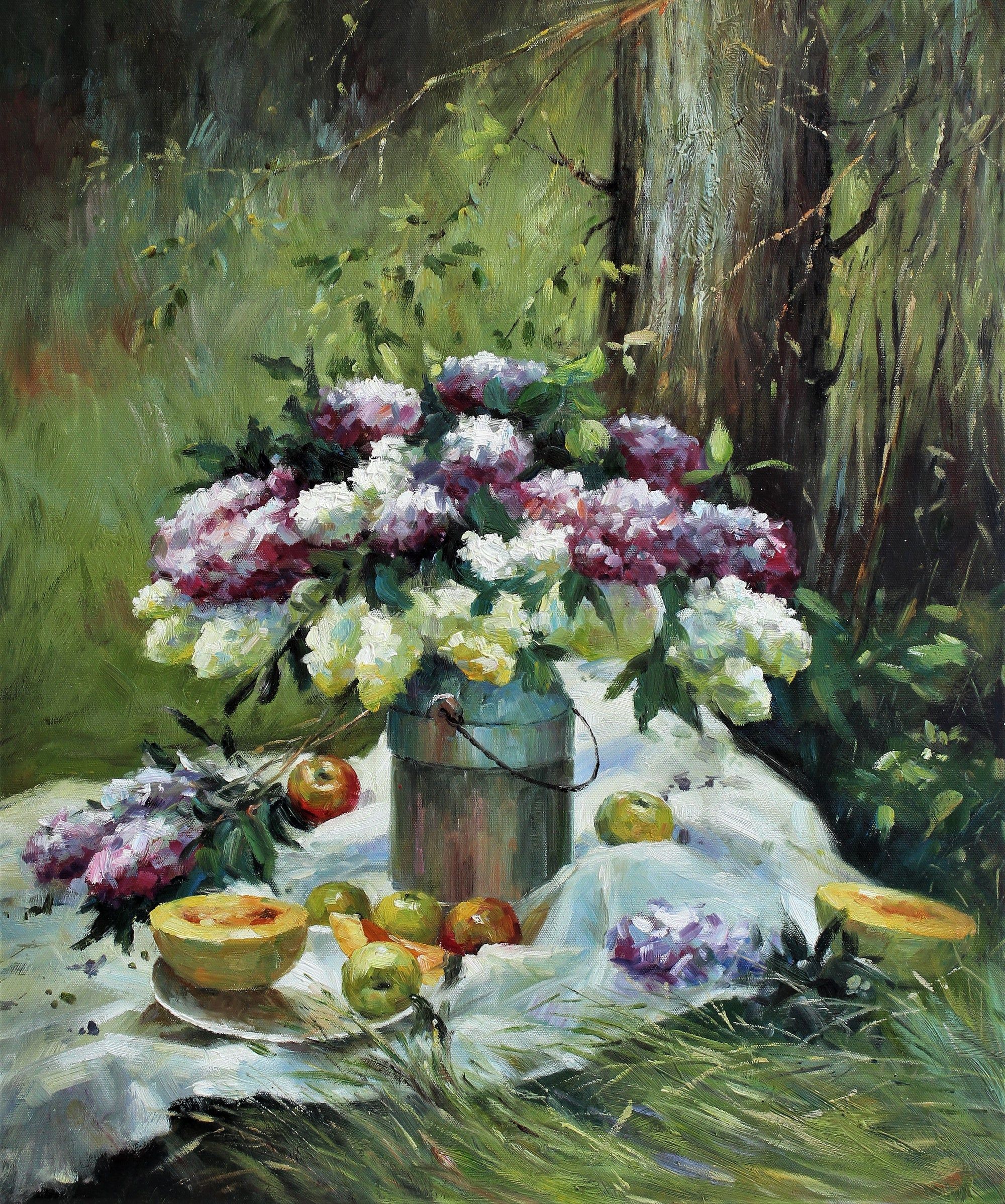 Pique-nique avec fruits et fleurs